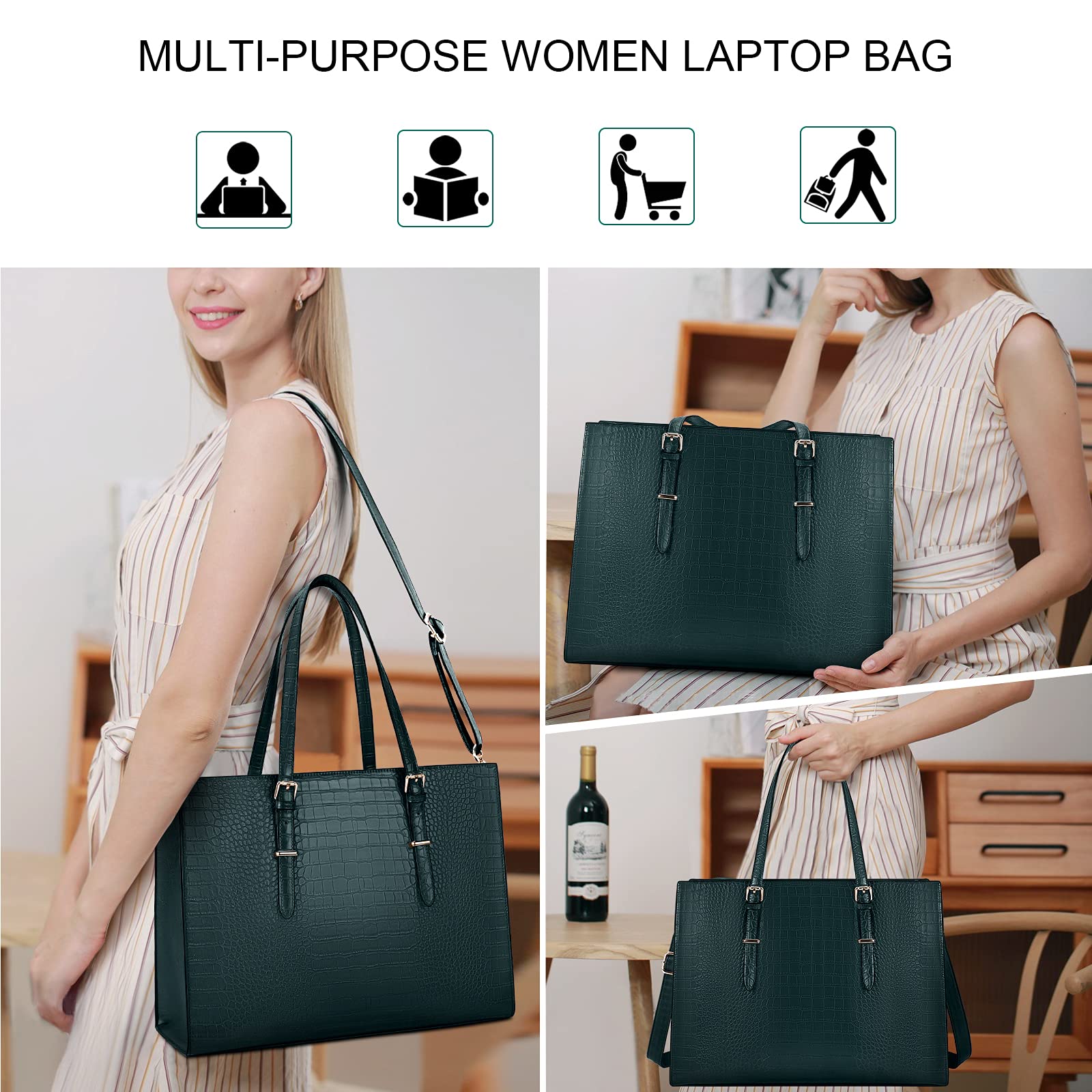 15.6 Inch Leather Laptop Tote Bag for Women - Waterproof Professional Business Office Shoulder Bag, Dark Green, Large Capacity, Ideal for Work, Travel, and Daily Commute