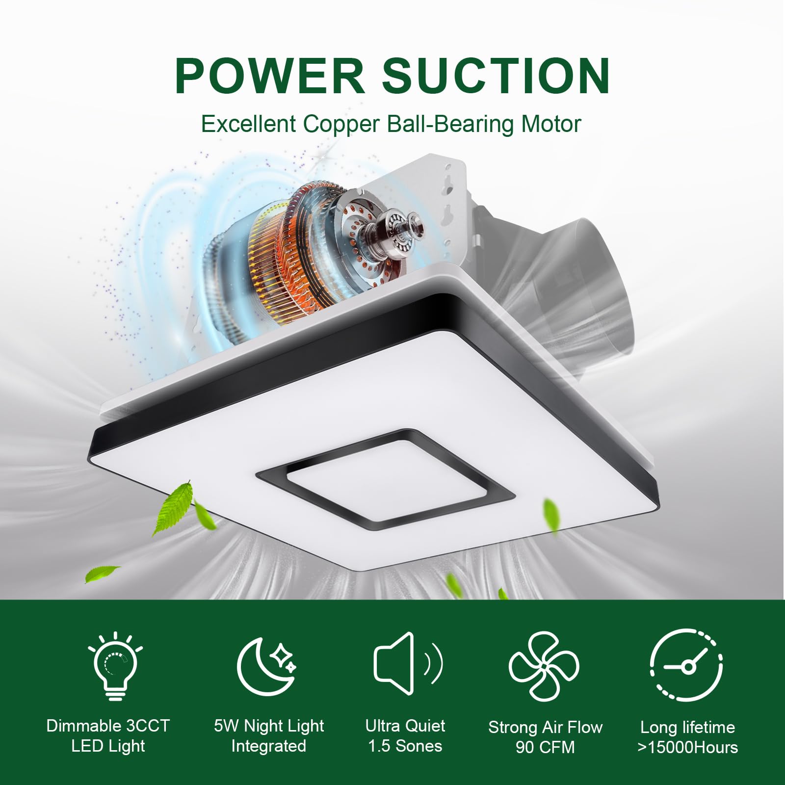Akicon 90 CFM Bathroom Exhaust Fan with Dimmable LED Light & Night Light - 1.5 Sones Quiet Ventilation, 15W 3CCT Ceiling Fan Light Combo for Home Bathroom (Square, Black) - Perfect for Moisture Control & Air Circulation in Bathrooms, Laundry Rooms & Small Spaces