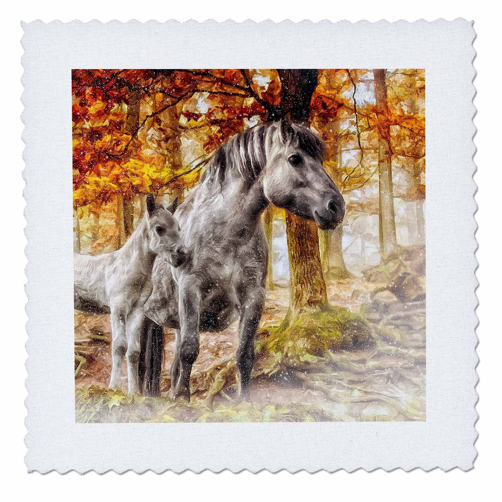 3D Printed White Horses with Autumn Colors and Snow Quilt Square - 6x6 Inch Wall Art Decor by Julie Langford | Perfect for Home, Office & Gift Giving