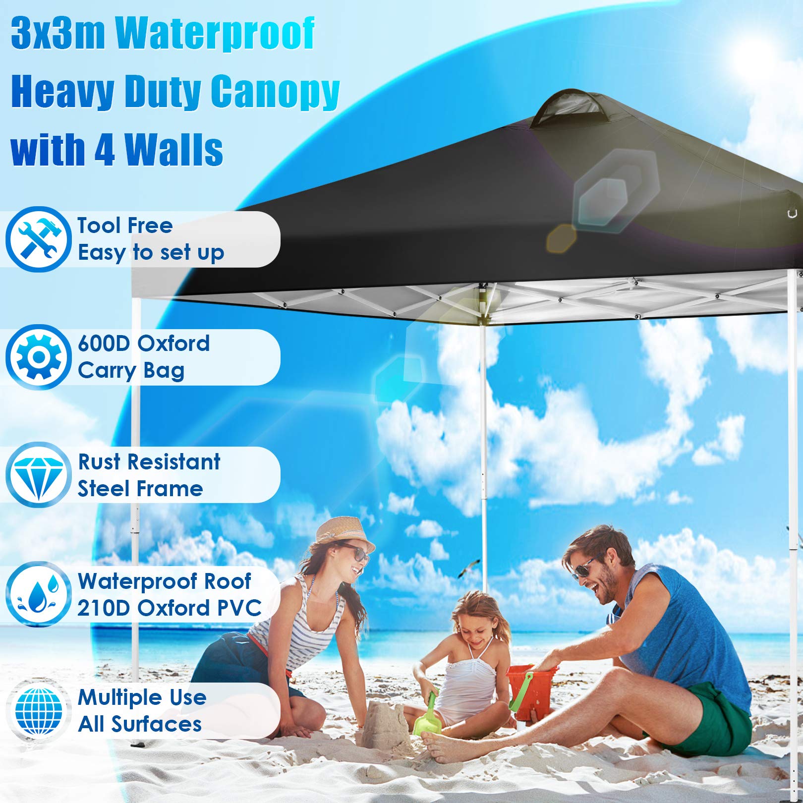 COBIZI 10x10 Pop Up Canopy Tent - Waterproof Instant Gazebo with 4 Sidewalls for Outdoor Events | Perfect for Parties, Patio, Backyard & Commercial Use | Includes 4 Sandbags, 8 Ropes & 4 Stakes (Black)