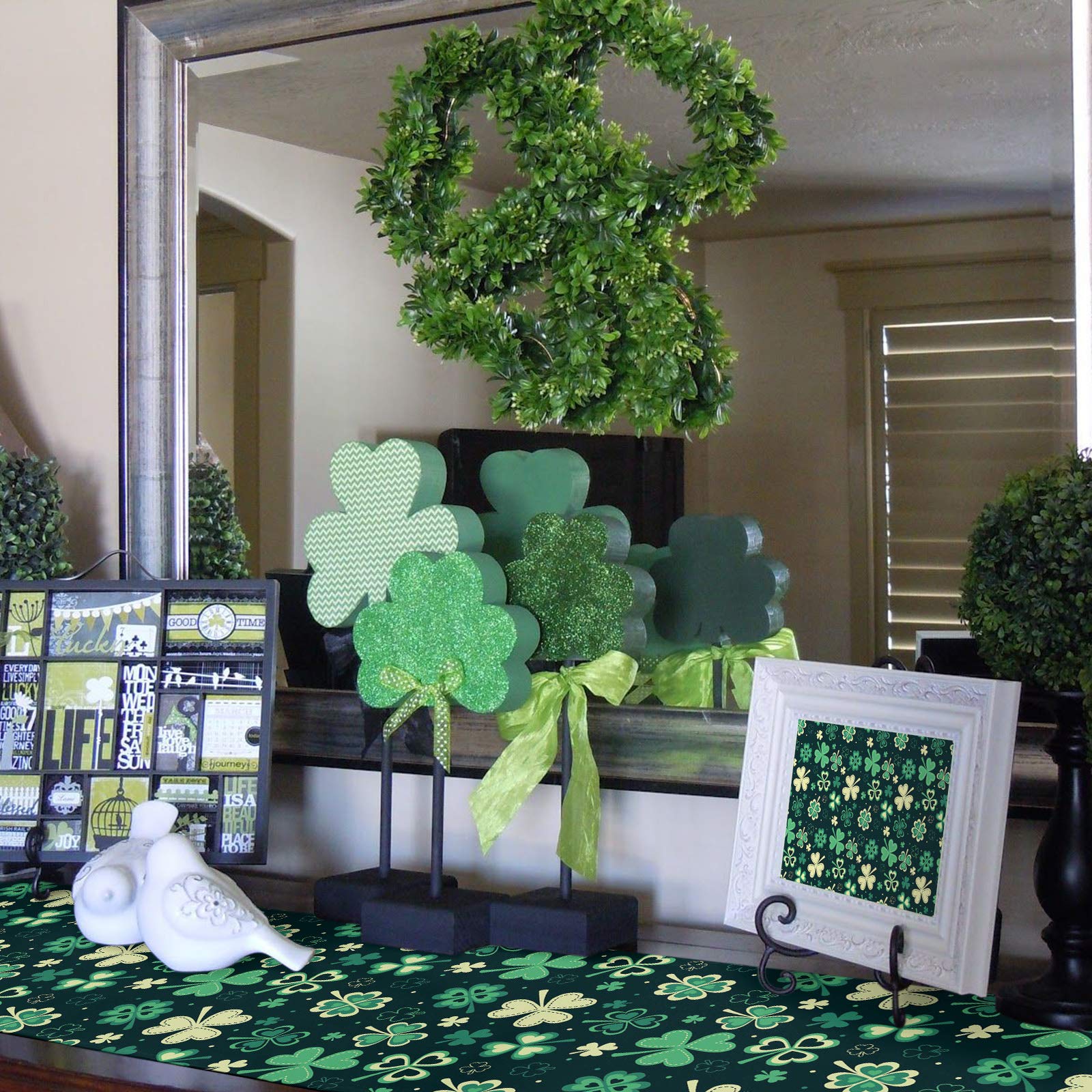 Durable Fabric Table Runner - Saint Patrick's Day Clover Pattern Washable Linen Table Cover for Kitchen, Dining Table, Home Decor (13x70 Inches) | Perfect for Indoor & Outdoor Use, Parties, and Holiday Celebrations
