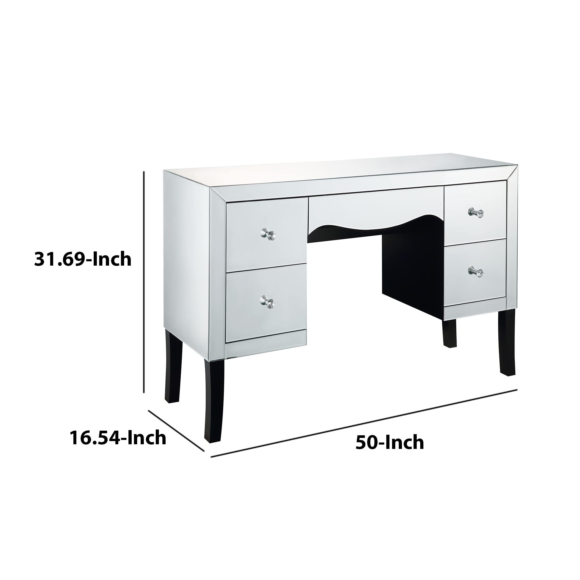Benjara Silver Wooden Framed Vanity Desk with Mirror, 4 Drawers & Wavy Apron - Elegant Dressing Table for Bedroom, Bathroom or Boudoir Makeup Station