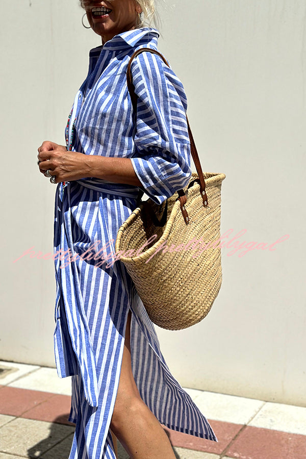Summer Splendor Printed Button Half Sleeve Belt Loose Shirt Midi Dress - Flowy Boho Chic Outfit for Beach Vacation, Date Night & Casual Wear