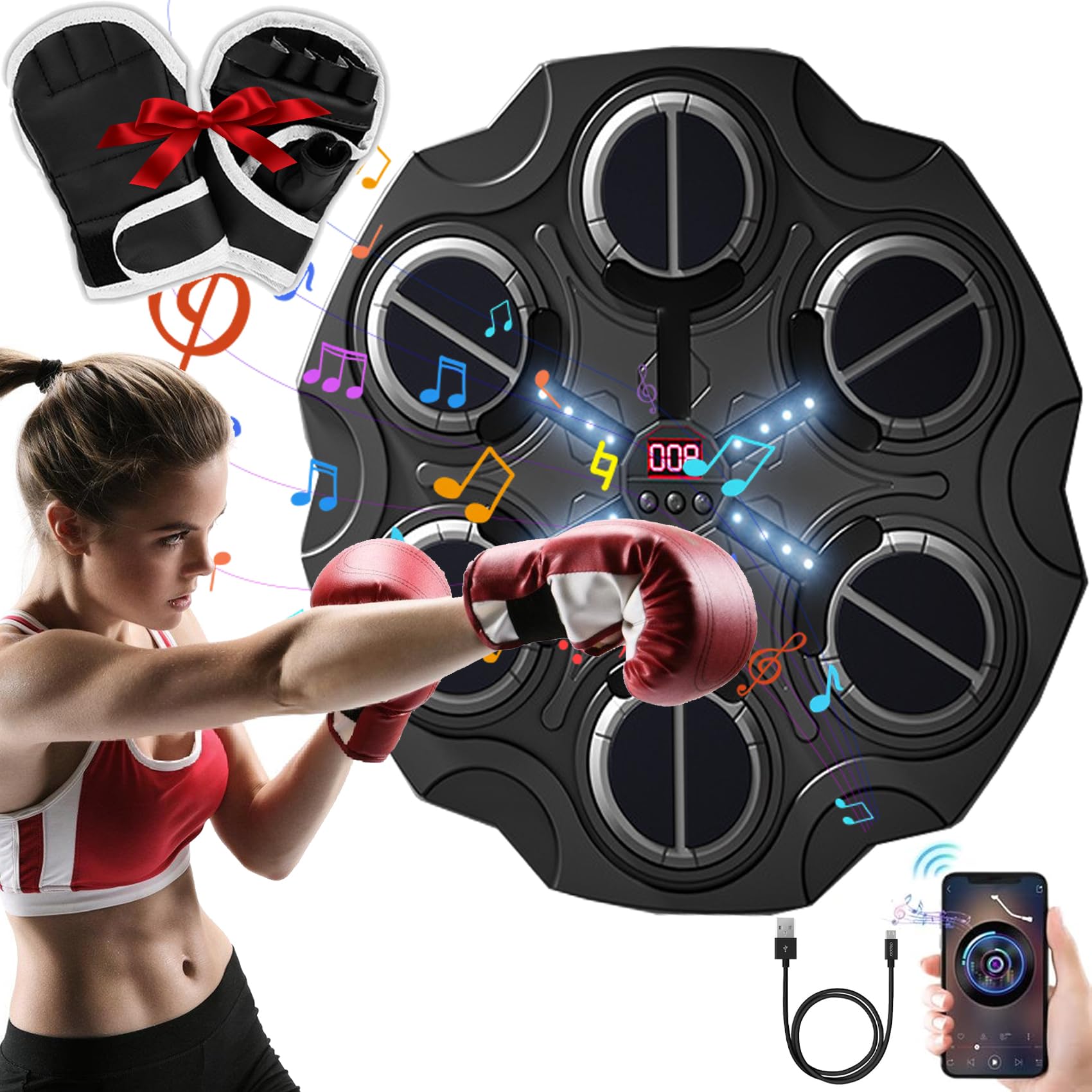 Smart Boxing Machine for Adults - Electronic Punching Bag with Music & LED Lights, Includes Boxing Gloves - Perfect for Home Gym, Cardio Workout & Stress Relief