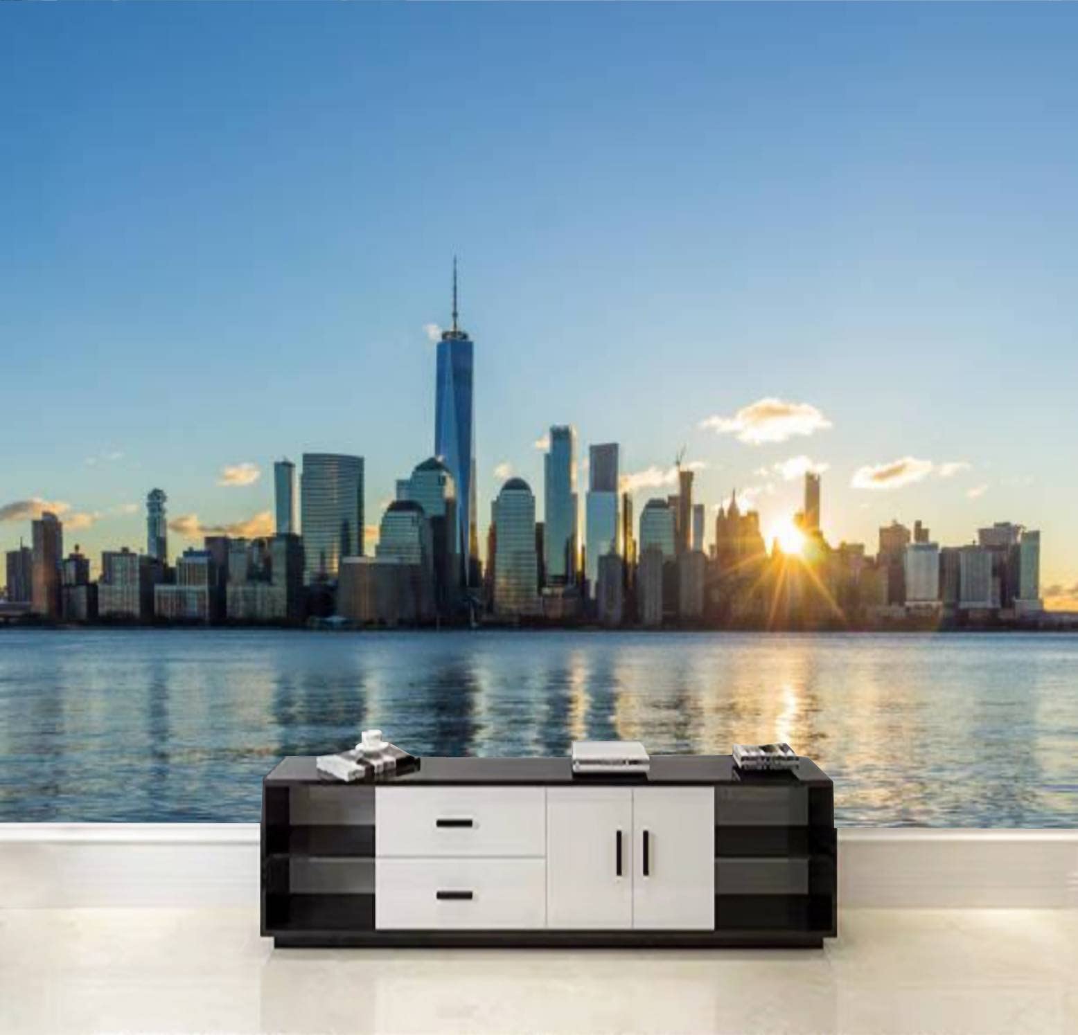 QDAXZJPRLB Self-Adhesive Peel & Stick Wallpaper - New York City Skyline Mural, Sunny Morning Urban Landscape, Removable Large Wall Decal for Living Room, Bedroom & Office Decor | Easy Home & Commercial Use