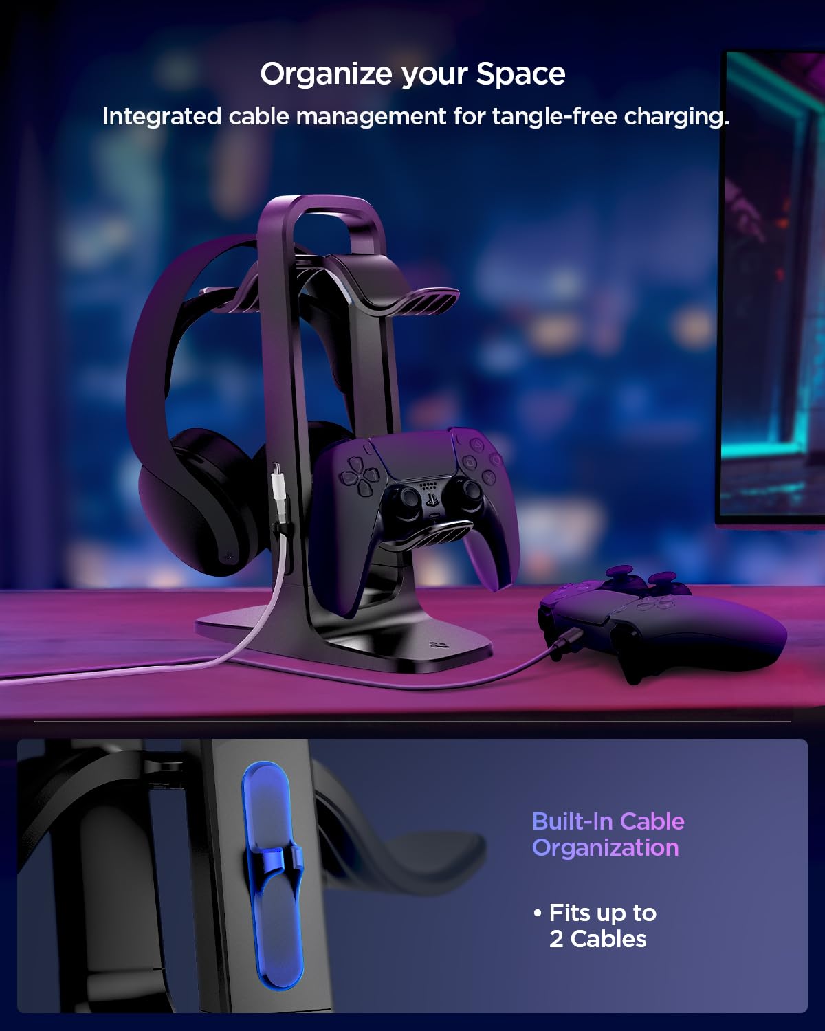 Spigen Universal Gaming Controller & Headset Stand - 2 Tier Organizer for PlayStation 5, Xbox Series X, Nintendo Switch, Razer & PC Headsets with Cable Management - Perfect for Gaming Setup & Desk Organization (Black)