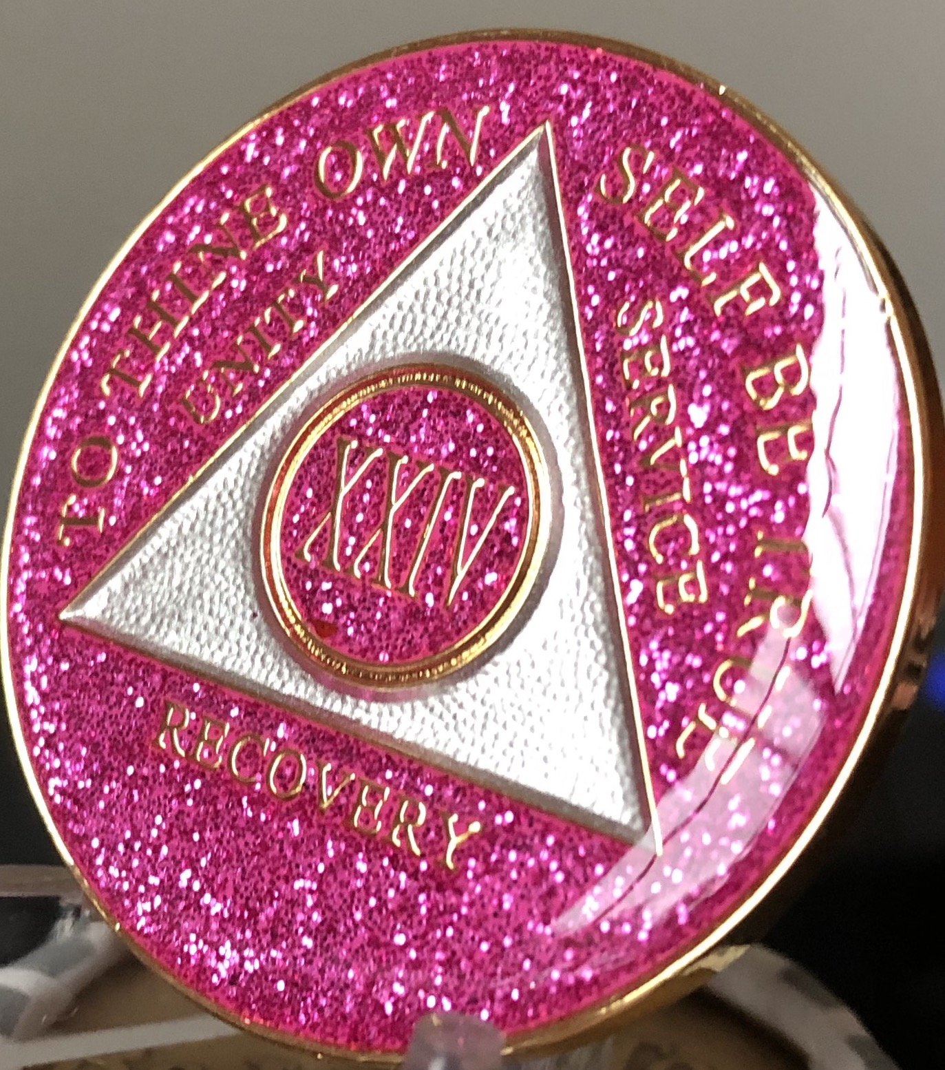 24 Year AA Medallion Glitter Pink Tri-Plate Chip XXIV - Elegant Collectible Coin for Anniversary Gifts, Special Occasions & Coin Enthusiasts
