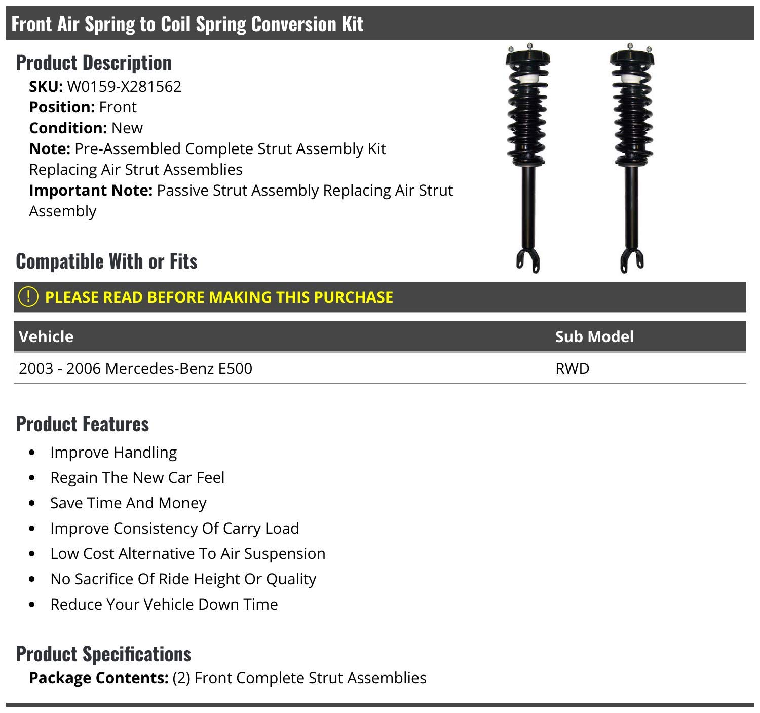 Mercedes-Benz E500 RWD Front Air Spring to Coil Spring Conversion Kit (2003-2006) - 2 Piece Set - Improve Ride Comfort & Handling - Perfect for Performance Upgrades & Suspension Repairs