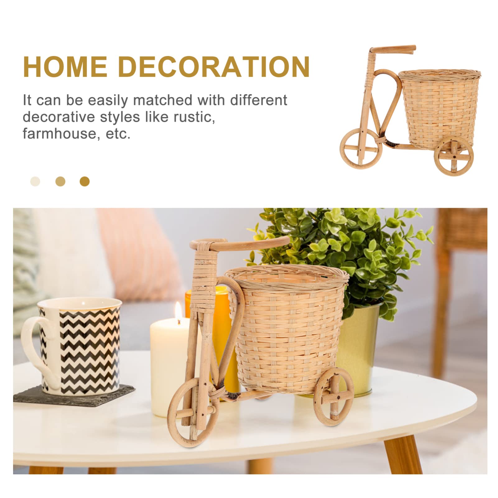 GANAZONO Bamboo Woven Flower Basket - Handmade Decorative Storage Organizer for Home Decor, Farmhouse Style Mini Tricycle Basket with Craft Texture - Perfect for Floral Arrangements, Bathroom Organization & Rustic Table Centerpieces