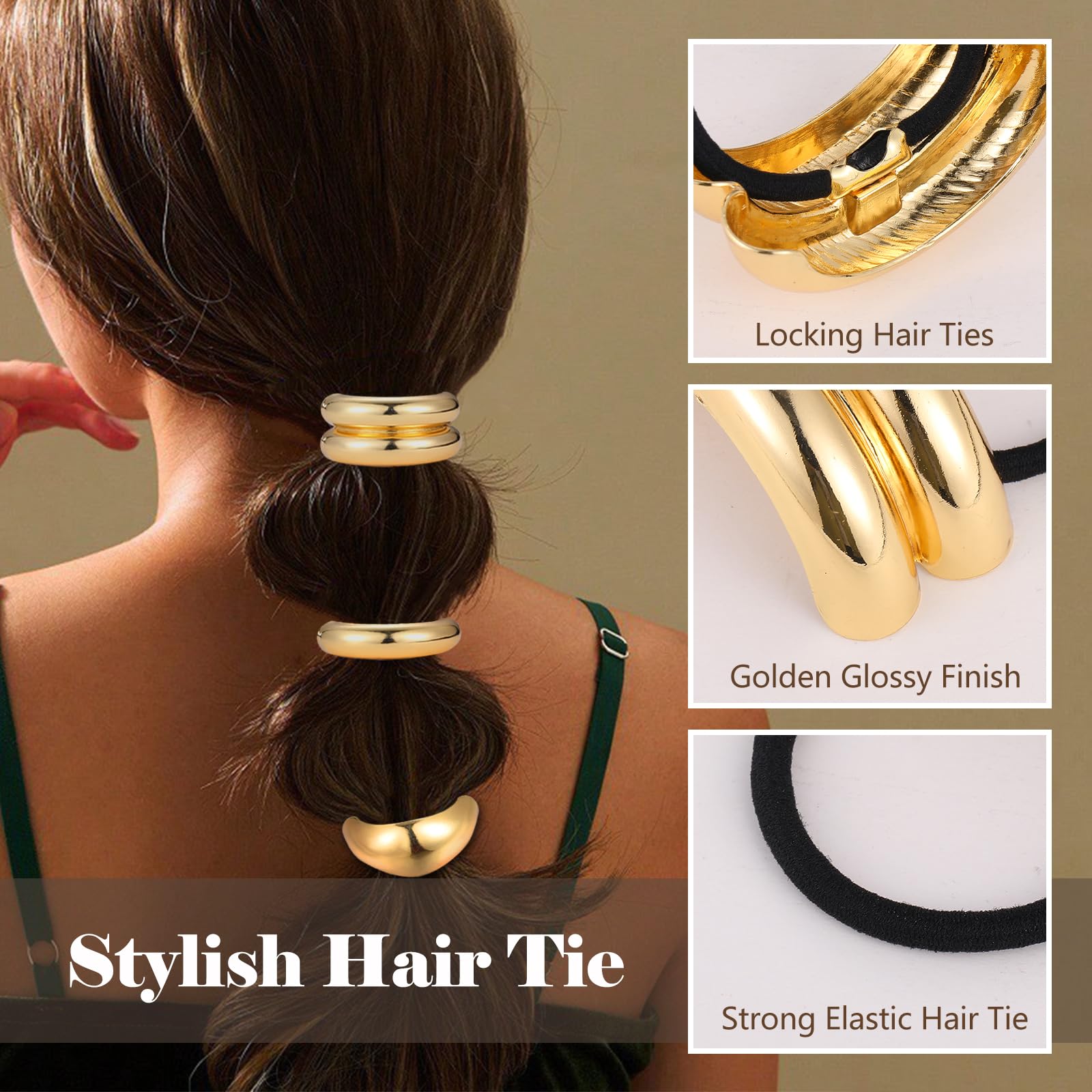 Papasgix Metal Hair Cuffs - Geometric Elastic Hair Ties for Thick Hair, Women's Hair Accessories (Gold, 9pcs) - Perfect for Ponytails, Braids & Updos