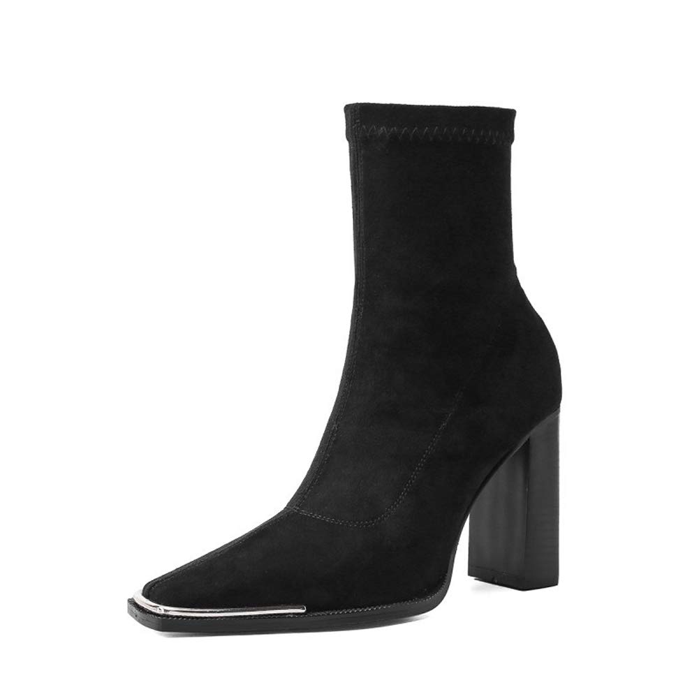 MYRCLMY Women's Ankle Boots - Suede Stretch Booties with Square Toe & Chunky Heel - Comfortable Short Boots for Women (Black, Size 36) - Perfect for Office, Party & Casual Outfits