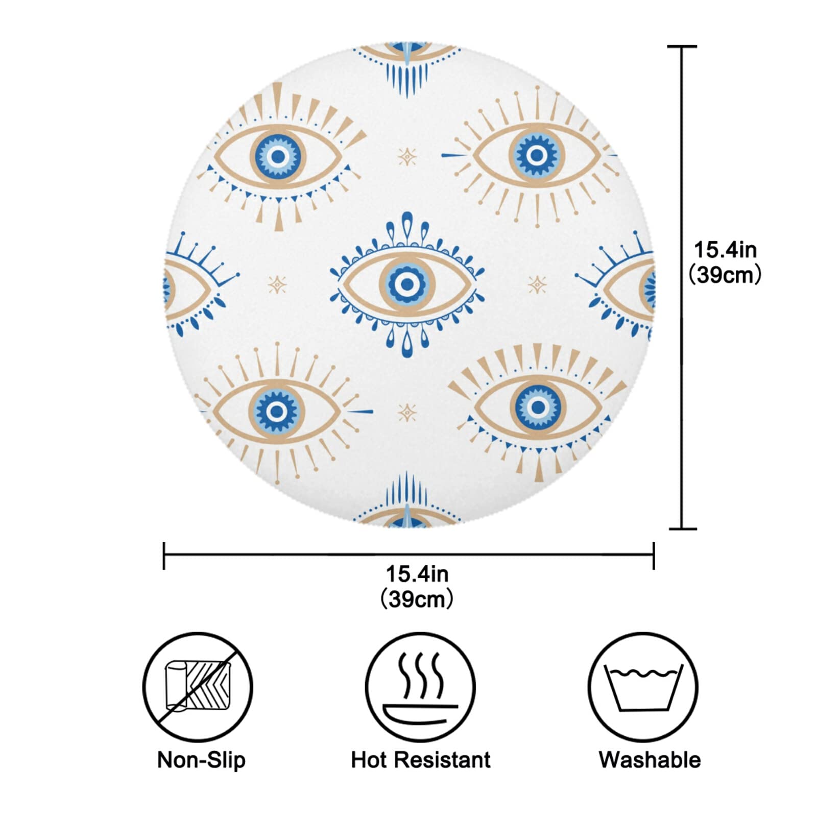 Xigua Set of 6 Round Heat-Resistant Placemats for Dining Table - Washable & Stain-Resistant Kitchen Table Mats with Evil Eye Design | Perfect for Everyday Meals, Dinner Parties & Home Decor