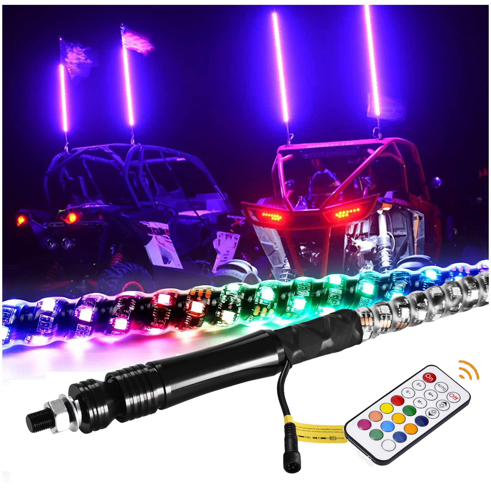 3FT LED Whip Lights with Remote Control - 360° RGB Spiral Chasing Strobe Light Bar for UTV RZR Off-Road Trucks & Buggy - Waterproof Antenna Whip Accessories for Can-Am (2 Pack) - Perfect for Night Rides, Desert Racing & Off-Road Adventures