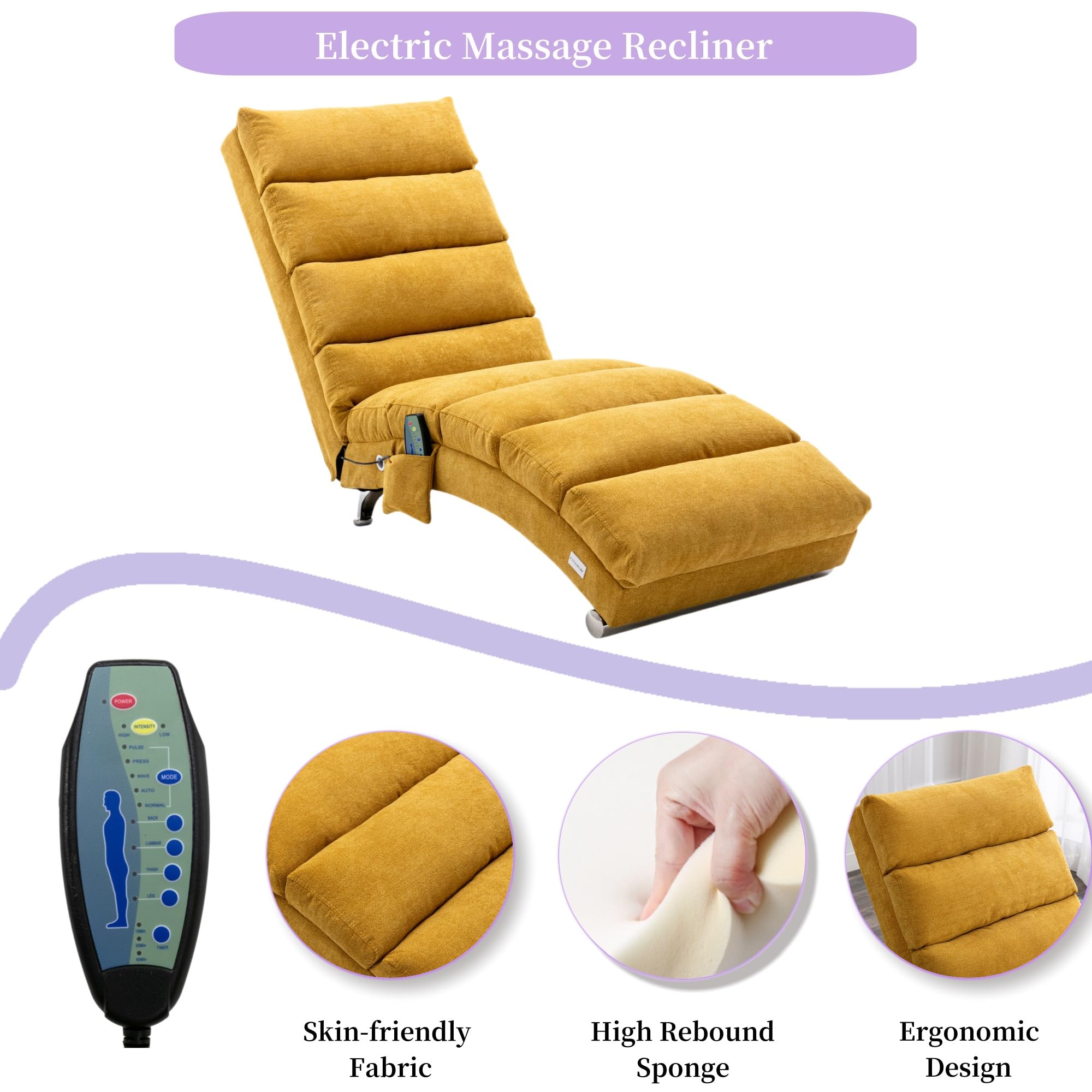 Premium Linen Chaise Lounge Chair with Electric Massage & Recliner - Modern Upholstered Sleeper Sofa for Bedroom, Living Room & Office - Yellow | Perfect for Relaxation, Napping & Home Decor
