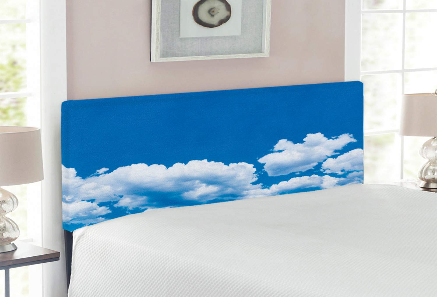 Ambesonne Landscape Headboard - Floating Clouds in Blue Sky, Sunny Day Summer Scene Print, Upholstered Decorative Metal Bed Frame with Memory Foam, Full Size, White & Blue - Perfect for Bedroom Decor, Guest Rooms & Coastal Themed Interiors