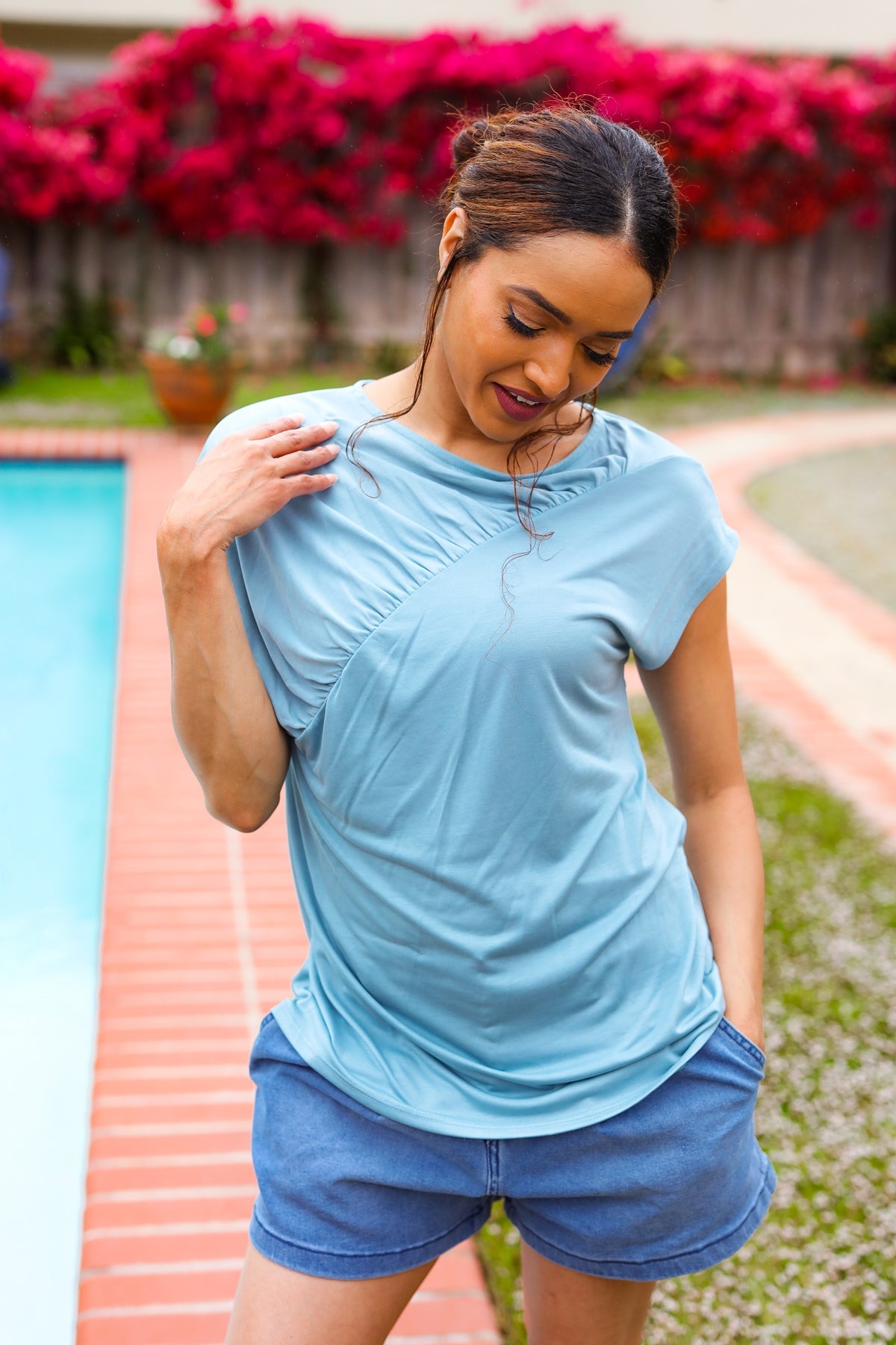 Stylish Aqua Blue Asymmetrical Ruffle Drop Shoulder Modal Blouse for Women | Comfortable & Breathable Summer Top | Perfect for Casual Outings, Beach Vacations & Date Nights