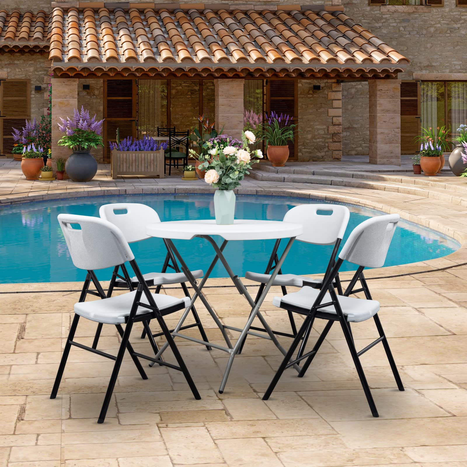 Outvita 4-Pack Folding Chairs for Outdoor & Indoor Use - Lightweight Plastic Foldable Dining Chairs for Wedding, Party, Camping, Picnic - Black & White - Perfect for Backyard, Patio, Beach and Events