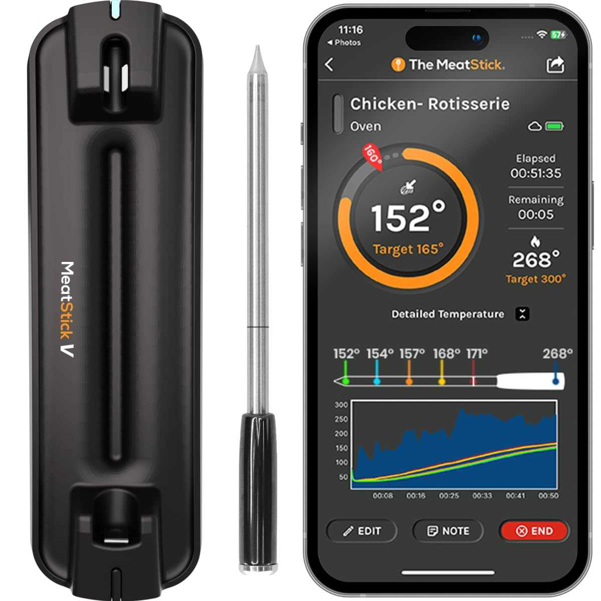 MeatStick V Wireless Meat Thermometer - 1200°F Heat Resistant Smart Digital Probe with WiFi & Bluetooth for Grilling, Smoking, BBQ, Sous Vide | Perfect for Kitchen Cooking, Oven, Air Fryer & Smoker | Ideal for Backyard BBQs, Camping & Holiday Meals