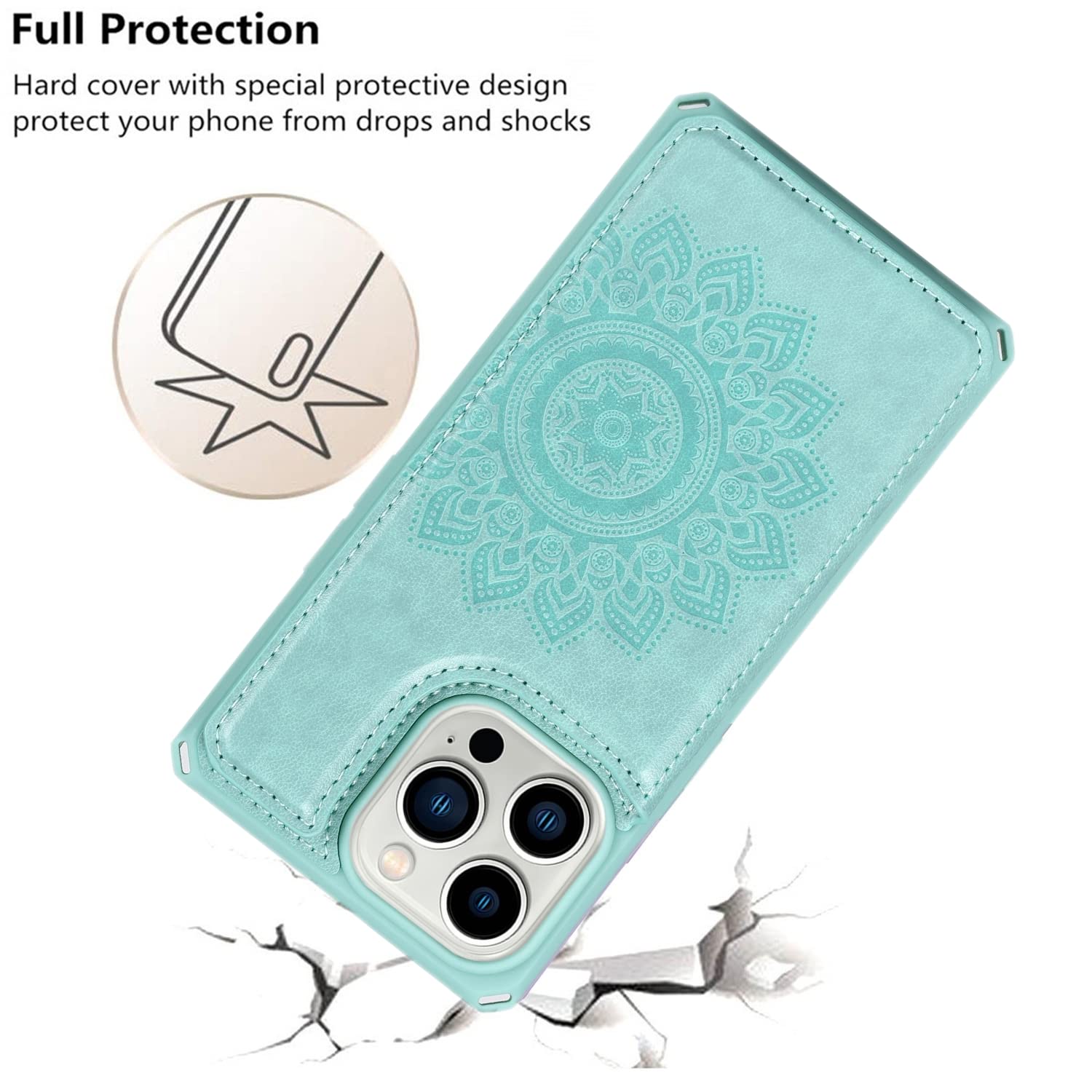 Premium RFID Blocking PU Leather Wallet Case for iPhone 13 Pro - Mandala Mint with Card Slots, Kickstand & Wrist Strap | Shockproof Magnetic Cover for Everyday Protection & Convenience | Perfect for Travel, Work & Hands-Free Viewing