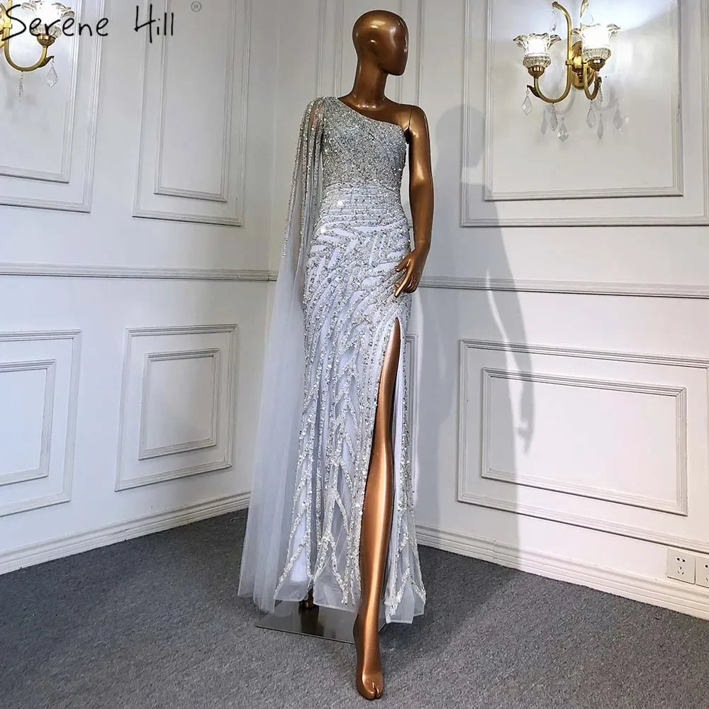 Elegant One Shoulder Lilac High Split Mermaid Evening Dress with Beaded Details for Women - Perfect for Prom, Gala, and Formal Parties - Serene Hill LA71493