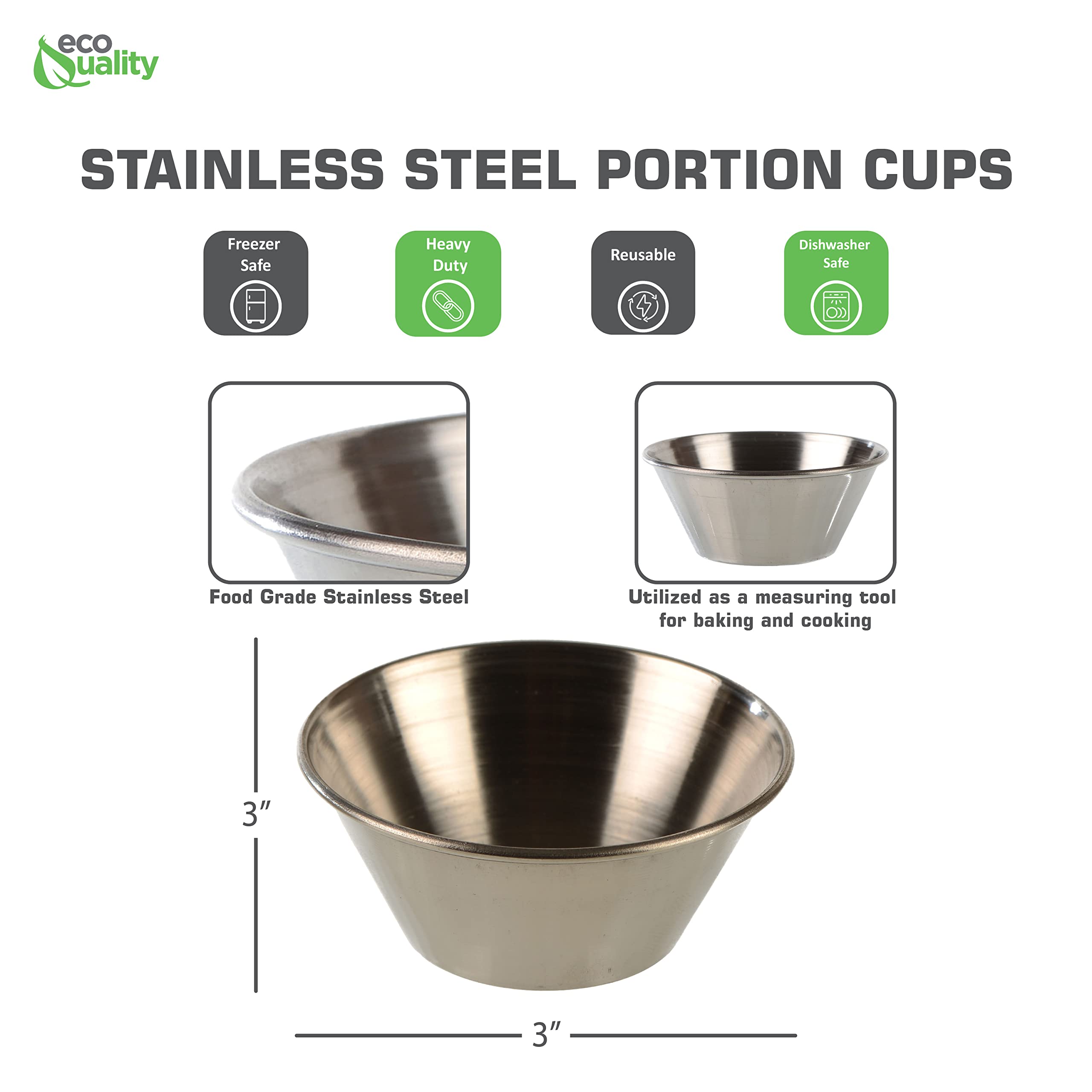 EcoQuality [60 Pack] 4 oz Stainless Steel Sauce Cups - Round Condiment Containers, Food Safe Commercial Grade Portion Dipping Cups for Restaurants, Catering & Home Use - Perfect for Sauces, Dressings, Dips & Small Snacks