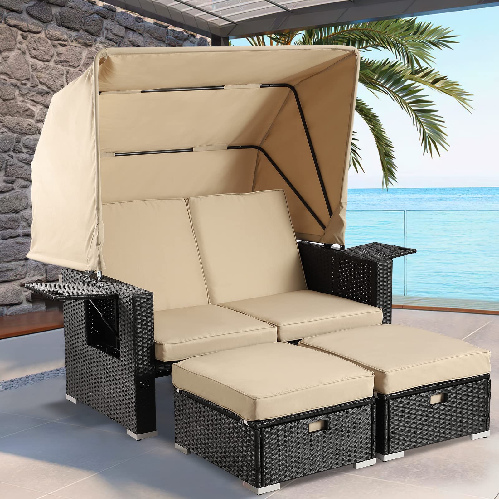 LEISU Outdoor Patio Furniture Sunbed with Retractable Canopy - PE Wicker Rattan Rectangle Sectional Sofa Set with Washable Cushions - Perfect for Lawn, Garden, Poolside & Backyard Relaxation (Khaki)
