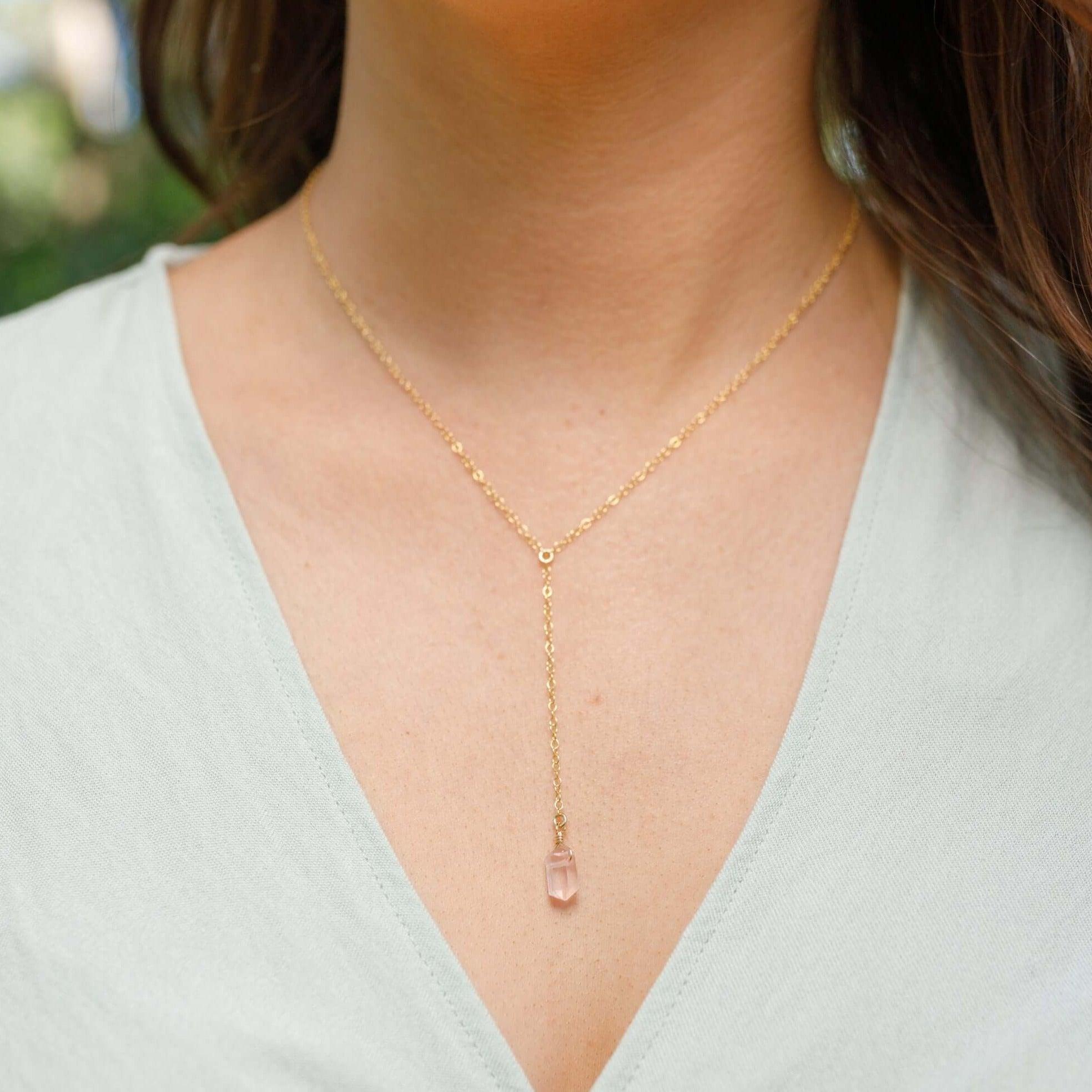 Rose Quartz Double Terminated Mini Crystal Point Lariat Necklace - Healing Stone Jewelry for Women, Dainty Boho Pendant Necklace - Perfect for Meditation, Energy Work & Everyday Wear