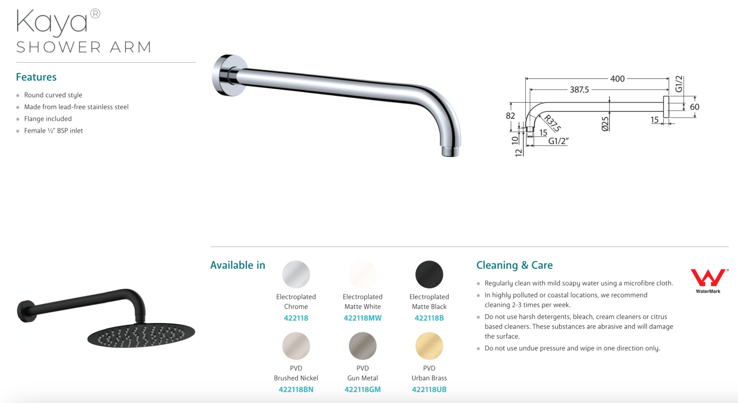 Fienza 422118MW Kaya Round Shower Arm in Matte White - Durable Bathroom Fixture for Modern & Traditional Showers