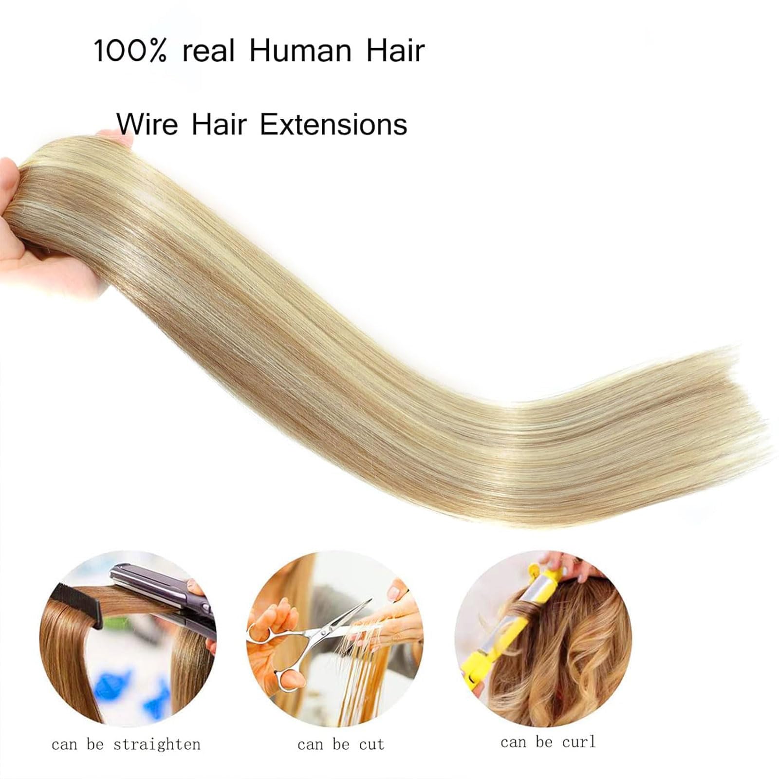 RECOOL 20 Inch Real Human Hair Extensions - Balayage Light Blonde to Bleach Blonde Remy Hair with Invisible Wire, Straight Clip-in Extensions for Daily Wear & Special Occasions