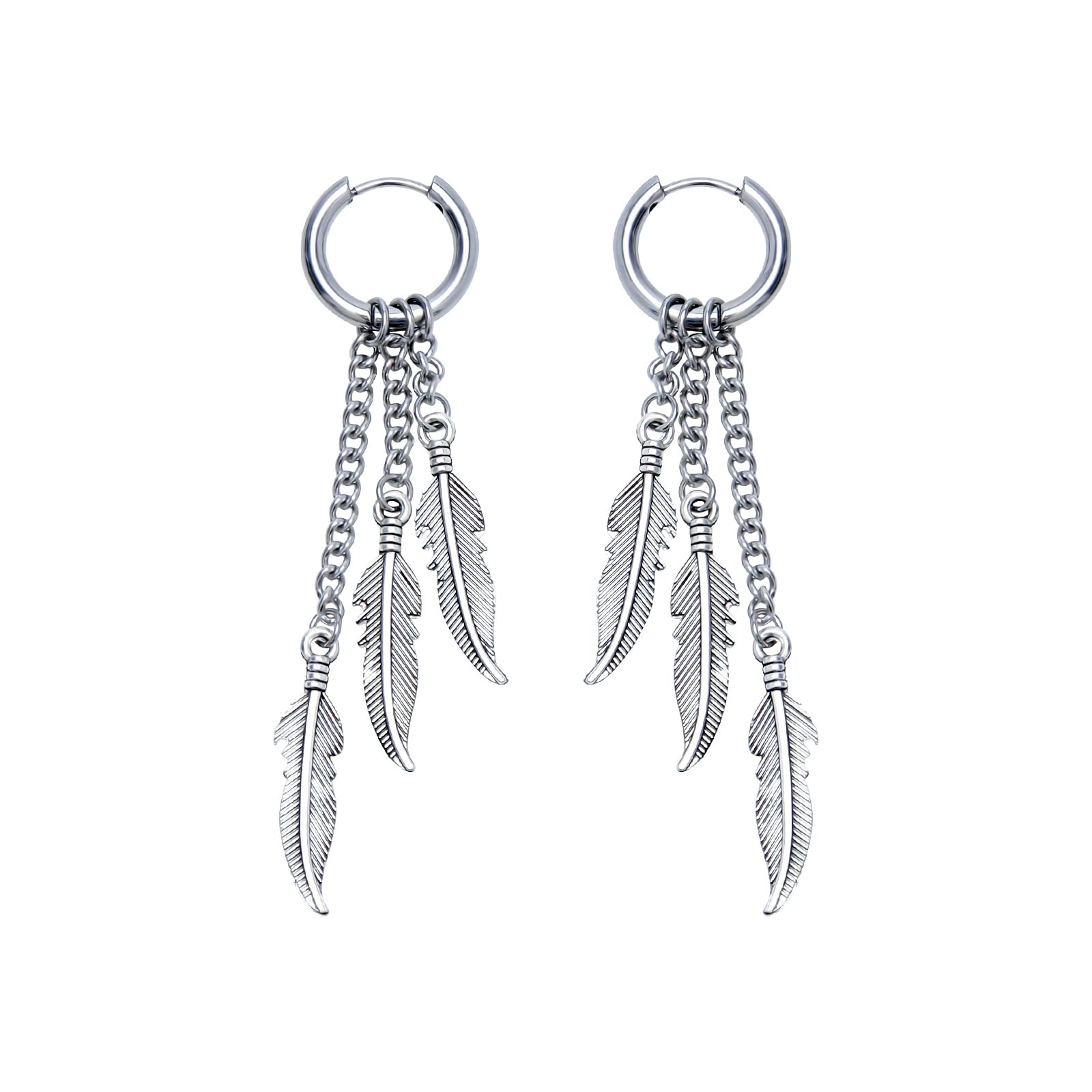 Halawly Stainless Steel Feather Chain Earrings for Men & Women - Silver, Gold, Black Punk Long Dangle Earrings Set | Lightweight Fashion Jewelry for Party, Birthday, Concert & Gothic Style Outfits