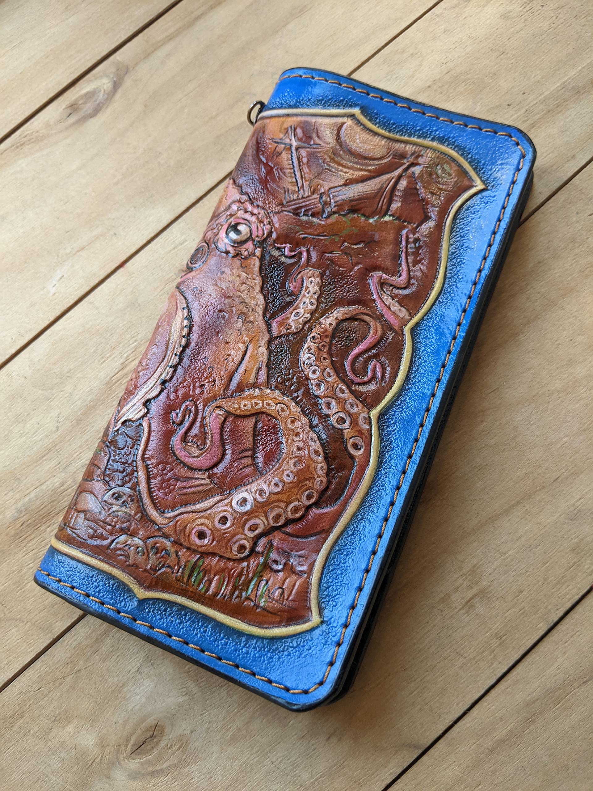 Handcrafted 3D Genuine Leather Men's Wallet - Biker Style Long Wallet with Intricate Octopus Carving & Custom Personalization | Perfect for Motorcycle Enthusiasts & Unique Gift Giving