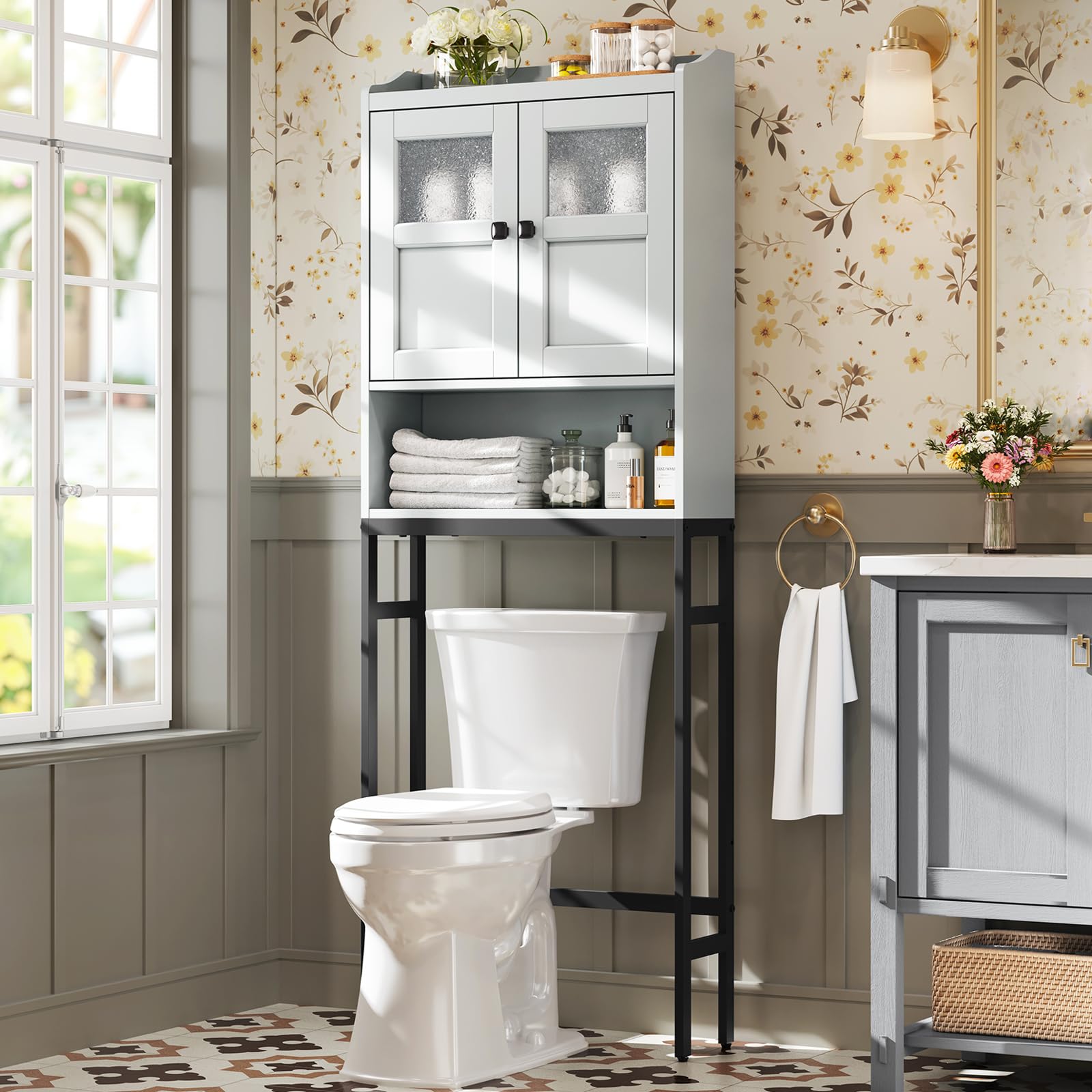 Over The Toilet Storage Cabinet with Double Doors - Bathroom Organizer Shelf with Soft Hinges, Space-Saving Above Toilet Storage Unit (Gray) - Perfect for Small Bathrooms, Apartments & Dorm Rooms
