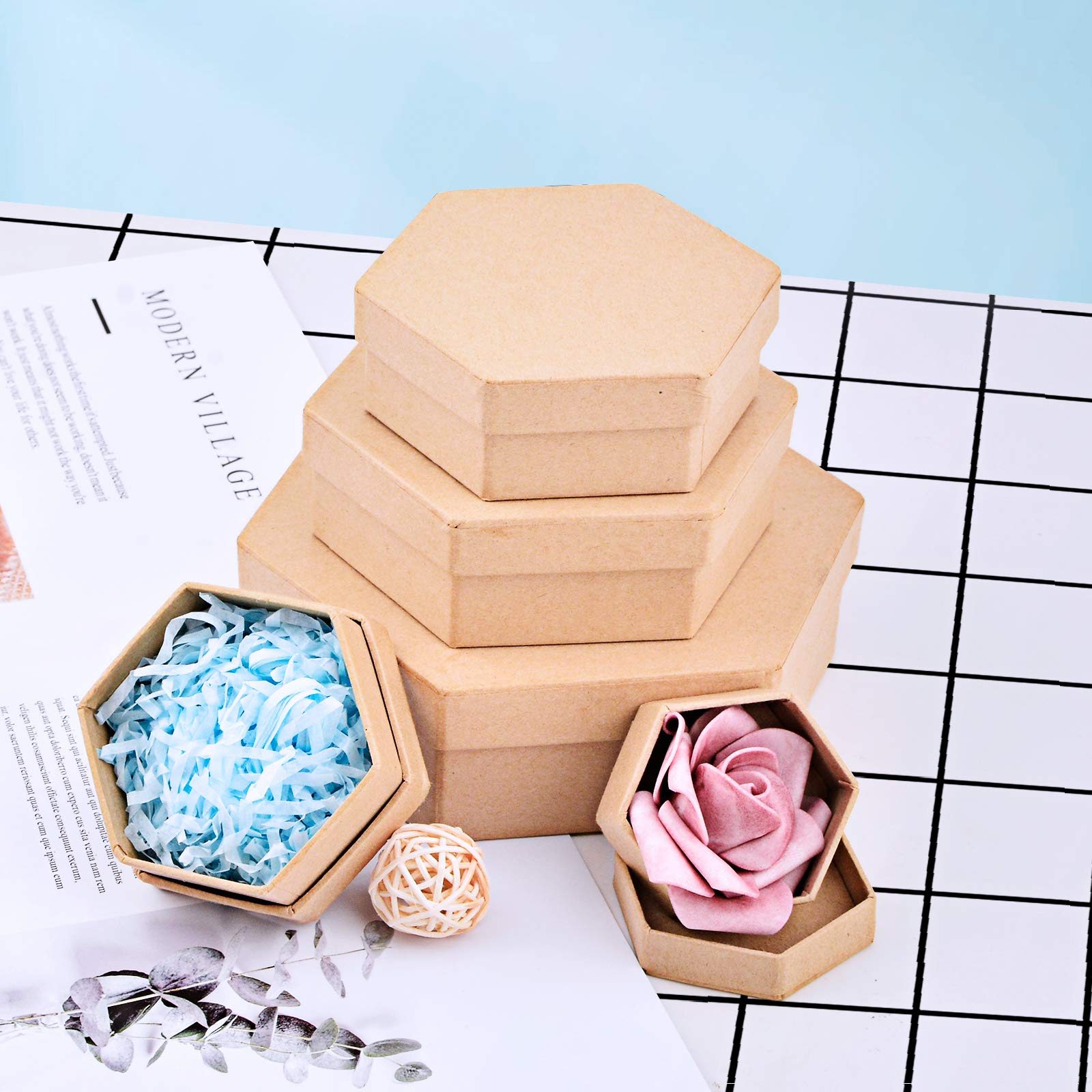 WANDIC Set of 5 Hexagonal Kraft Paper Mache Boxes with Lids - Perfect for Jewelry Storage, DIY Crafts, Cosmetic Organizers & Gift Packaging | Home Decor & Party Favors