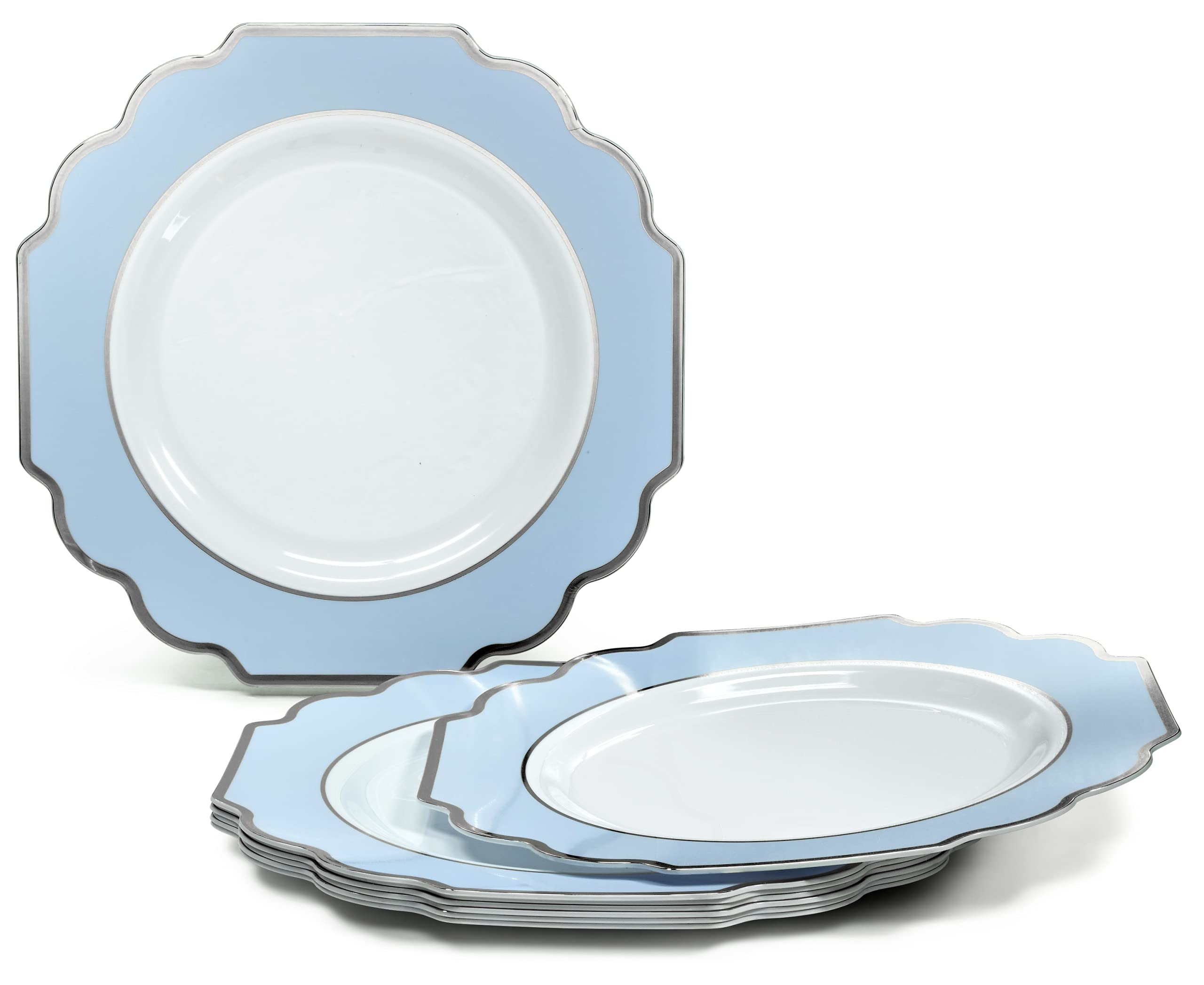 320-Piece Heavyweight Disposable Plastic Plate Set for Weddings & Parties - 40 x 10.5'' Dinner Plates + 40 x 8'' Dessert Plates + Silverware + Cups + Napkins (White, Blue & Silver) - Perfect for Large Gatherings, Catering Events & Special Occasions