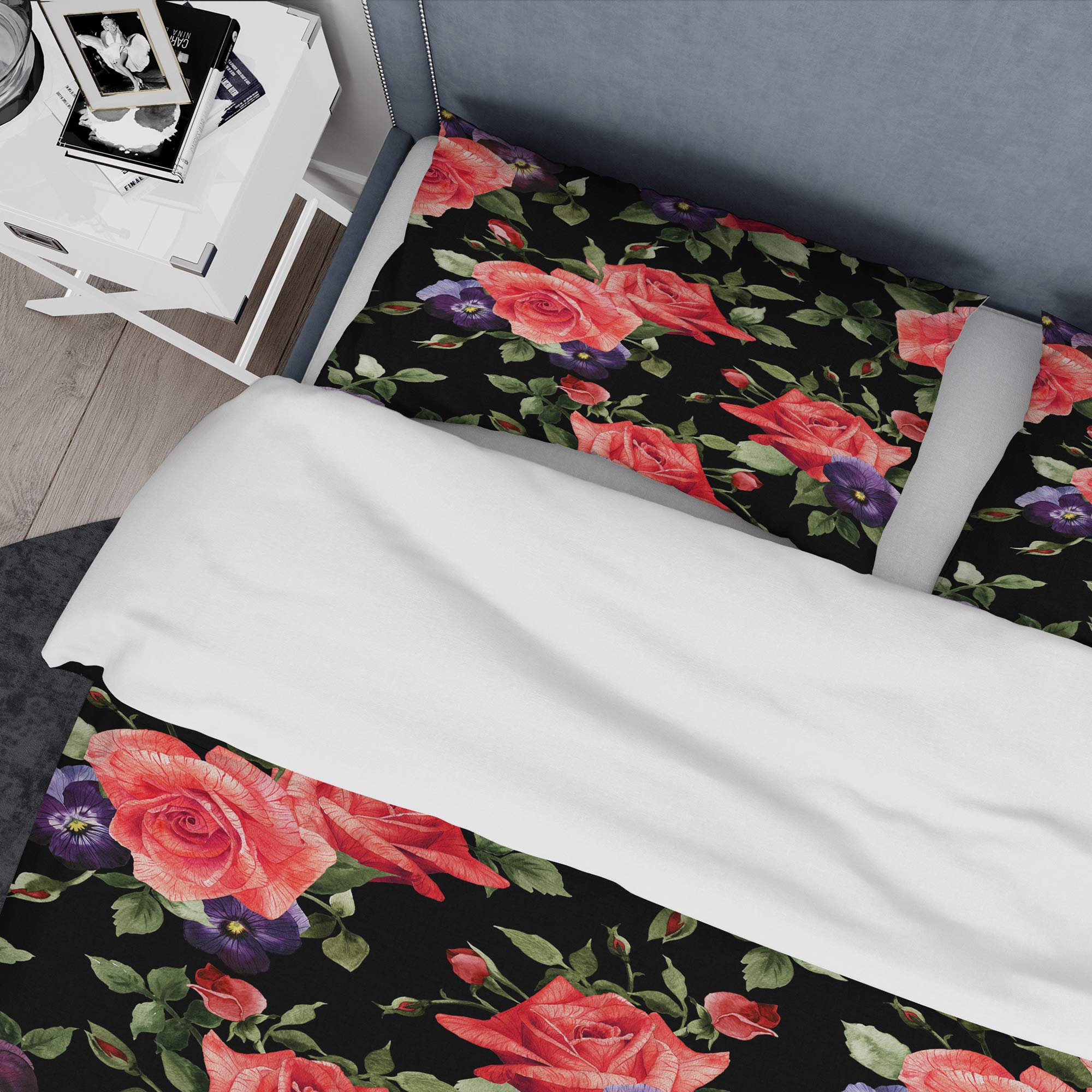 DesignQ Pansy Flowers Rose Patterns Nautical & Coastal Duvet Cover Set - Black Twin Size Floral Bedding 3-Piece Set for All Seasons | Perfect for Beach House, Guest Room & Coastal Themed Bedroom Decor