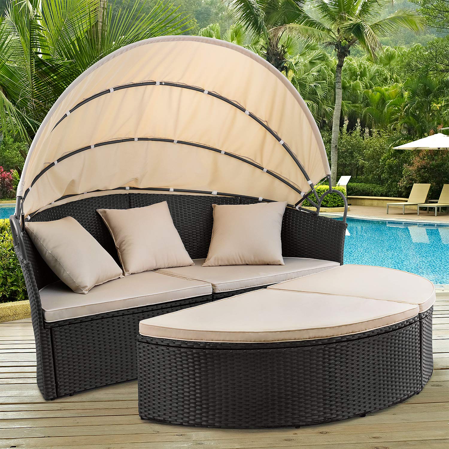 Devoko Outdoor Round Daybed with Retractable Canopy - Wicker Rattan Sectional Sofa for Patio, Garden, Backyard - Perfect for Lounging, Sunbathing & Outdoor Relaxation
