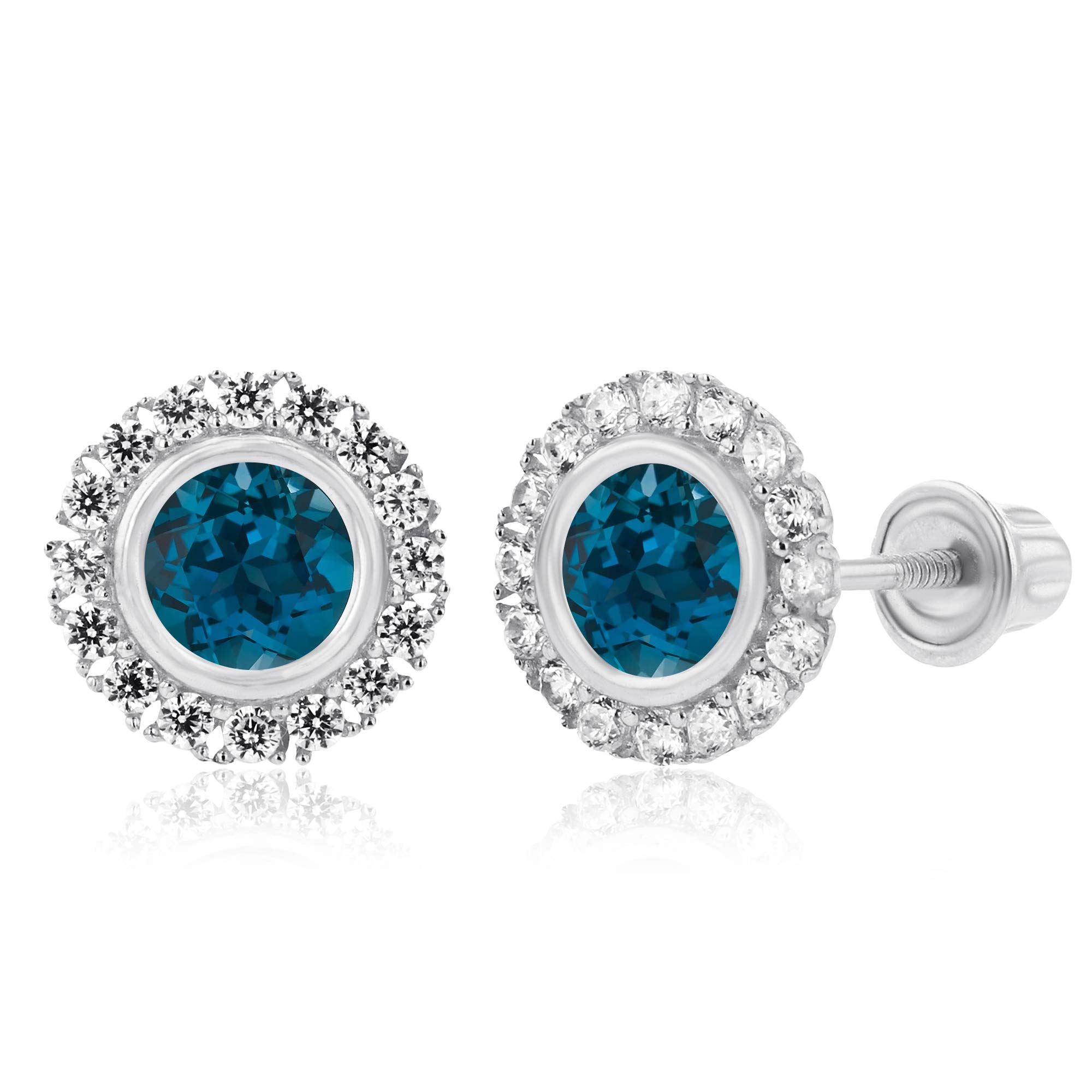 14K Solid Gold 8mm Halo Natural Birthstone Screwback Stud Earrings for Women | 4mm Bezel Birthstone | 1mm Created White Sapphire Halo Earrings | Perfect for Birthdays, Anniversaries & Everyday Elegance