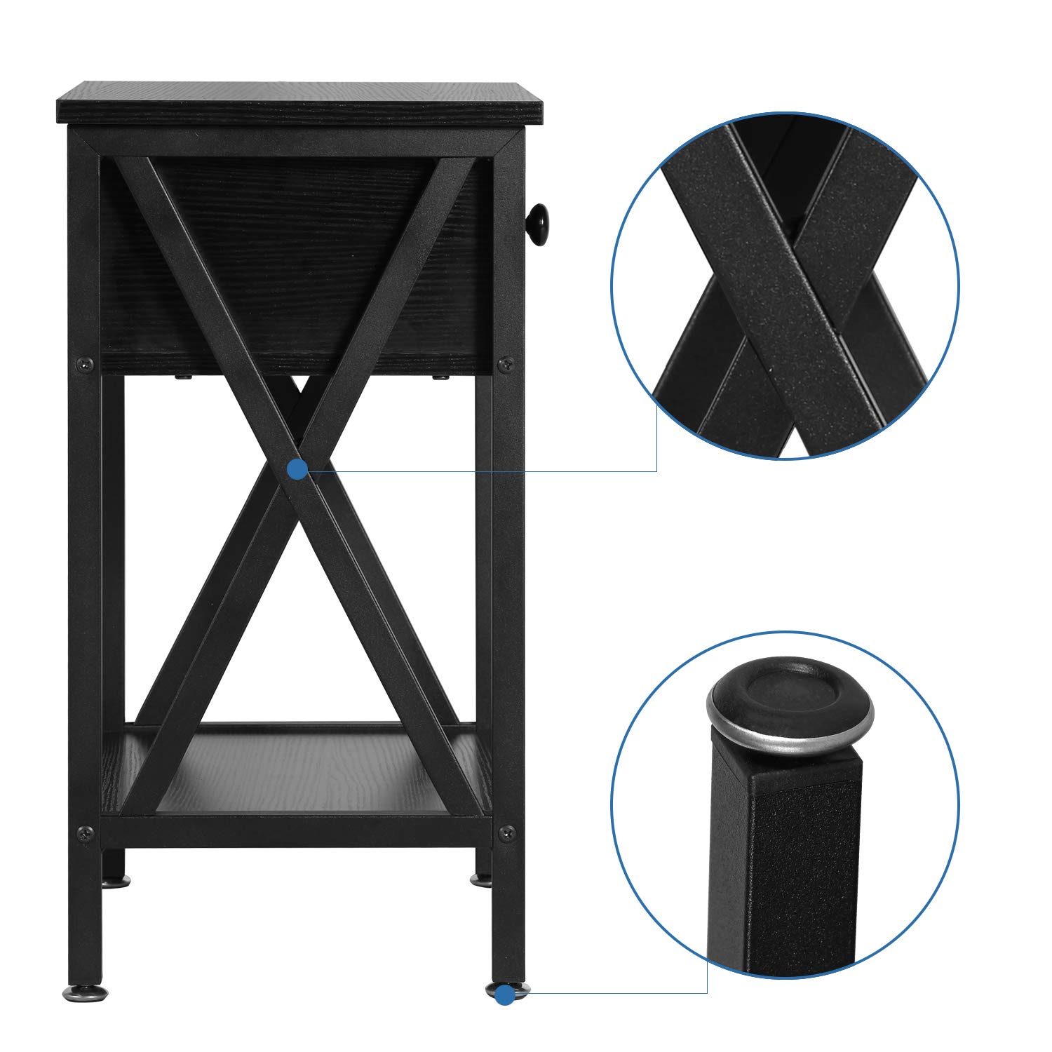 VECELO Nightstands Set of 2 - Modern Bedside Tables with Drawer & Storage Shelf, Industrial Metal Frame Night Stands for Bedroom & Living Room - Dark Black - Perfect for Small Spaces & Apartment Decor