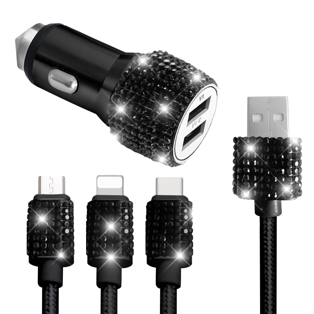Sparkling Dual USB Car Charger with 3-in-1 Fast Charging Cable - 2-Port Car Adapter with Type C/Micro USB for iPhone 15/14/13, Samsung Galaxy, Android Phones - Stylish Rhinestone Car Accessory for Women (Black) | Perfect for Road Trips, Commuting & Travel Charging