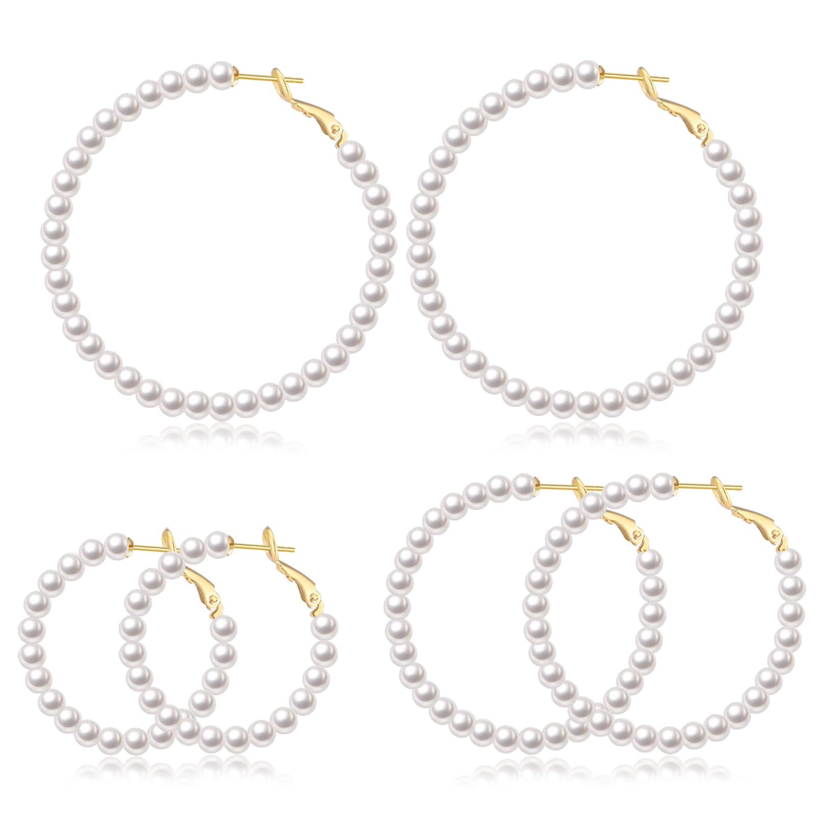 CERSLIMO 14K Gold Plated Pearl Hoop Earrings for Women - 3 Pairs S925 Sterling Silver Large Hoop Earrings Set (4mm Pearl, 20/30/40/50mm) | Elegant Jewelry Gift for Birthday, Anniversary & Special Occasions