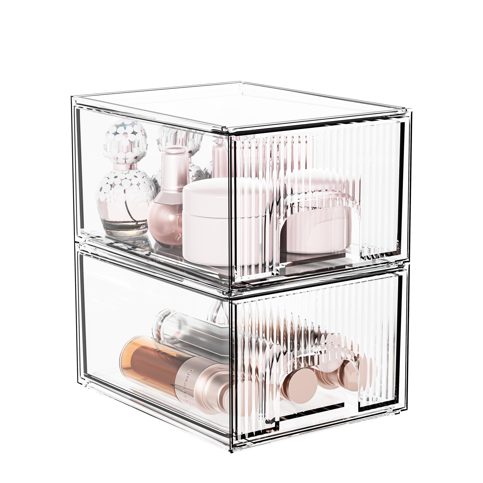 2 Pack Striped Stackable Acrylic Storage Drawers - 4 Inch Height Makeup Organizer for Vanity, Bathroom & Kitchen - Under Sink Plastic Drawer Storage - Perfect for Home Organization & Small Space Storage Solutions