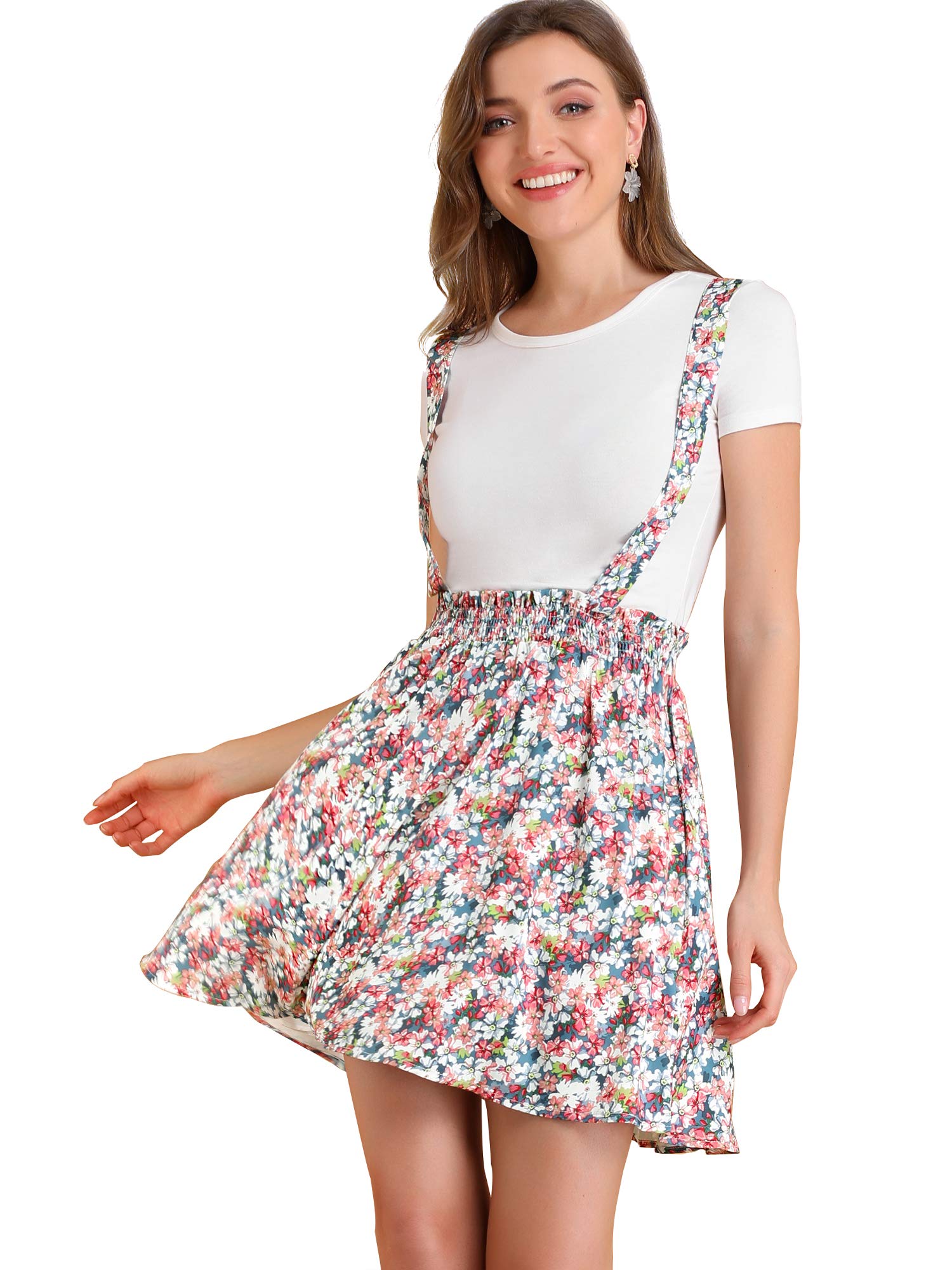 Allegra K Women's Floral Print Overall Dress - Casual Strap Mini Skater Suspender Skirt for Spring Summer Outfits, Date Night & Vacation Wear