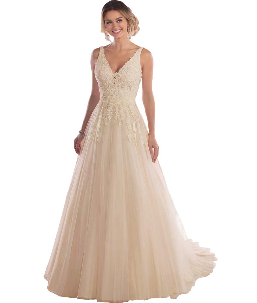 Boho Wedding Dresses for Women - A-Line V-Neck Lace Tulle Beach Bridal Gowns | Perfect for Beach Weddings, Destination Elopements & Boho-Chic Bridal Style