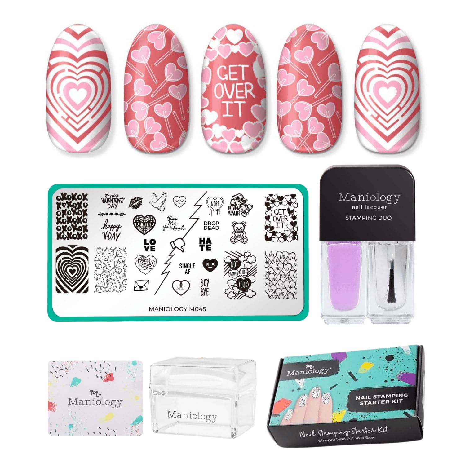 Valentine's Day Nail Art Stamping Kit - Maniology Starter Set with Stamping Plate, Nail Polish, Top Coat, Stamper & Scraper | DIY Nail Designs for Romantic Dates, Anniversary Gifts & Special Occasions