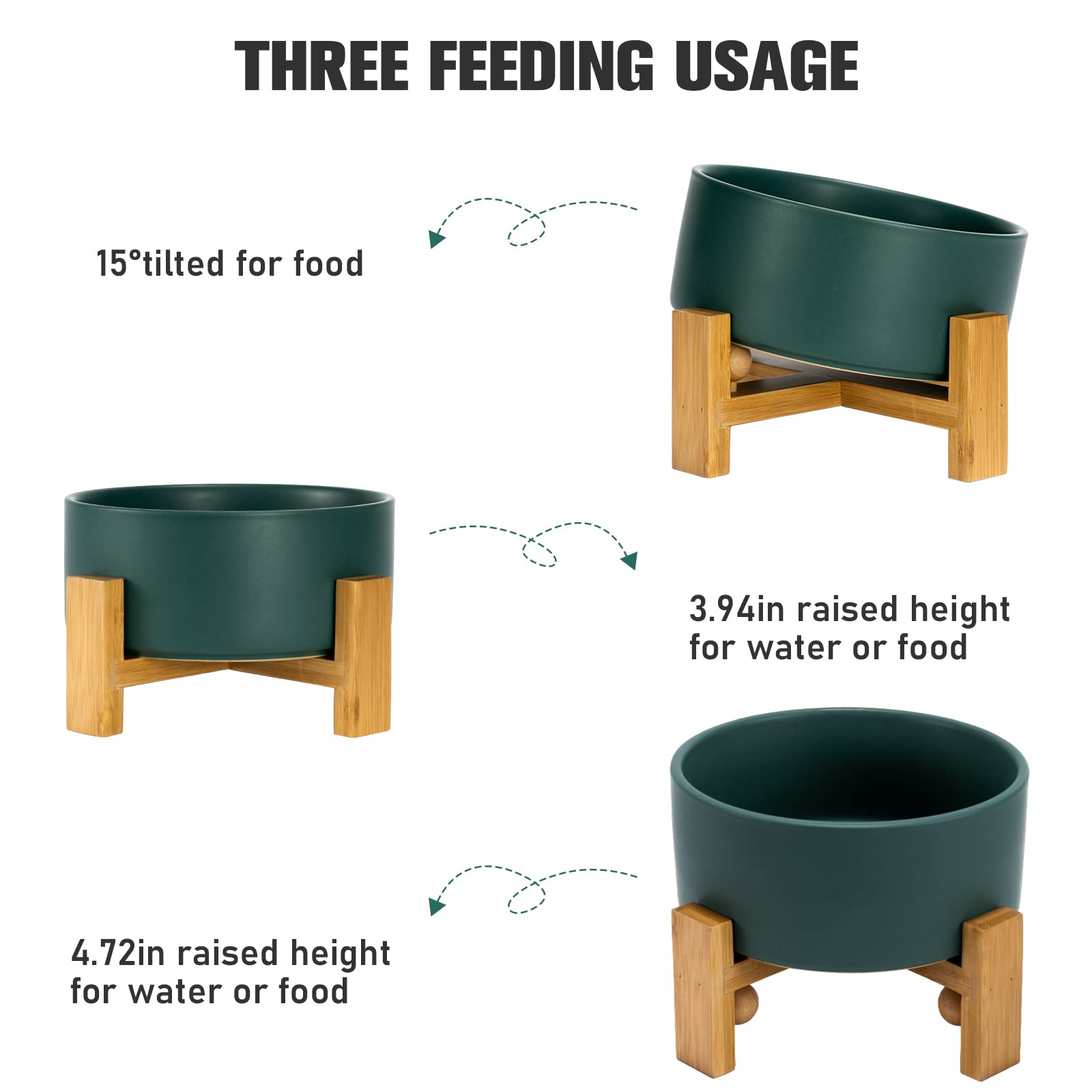 SPUNKYJUNKY 15° Tilted Ceramic Pet Bowl with Wooden Stand - Non-Slip Non-Spill Dog & Cat Food Water Dish for Bulldogs, Flat-Faced Breeds (28.7oz/3.6 Cups, Green) - Perfect for Messy Eaters & Easy Feeding at Home or Travel
