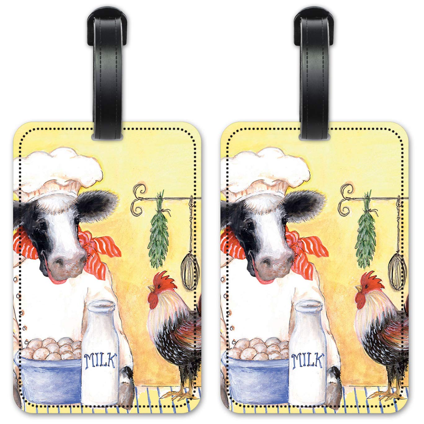 Cow Chef Luggage ID Tags - Waterproof Suitcase Identification Cards with Personal Info Slot - Set of 2 for Travel, Business Trips & Vacation (Black/Red)