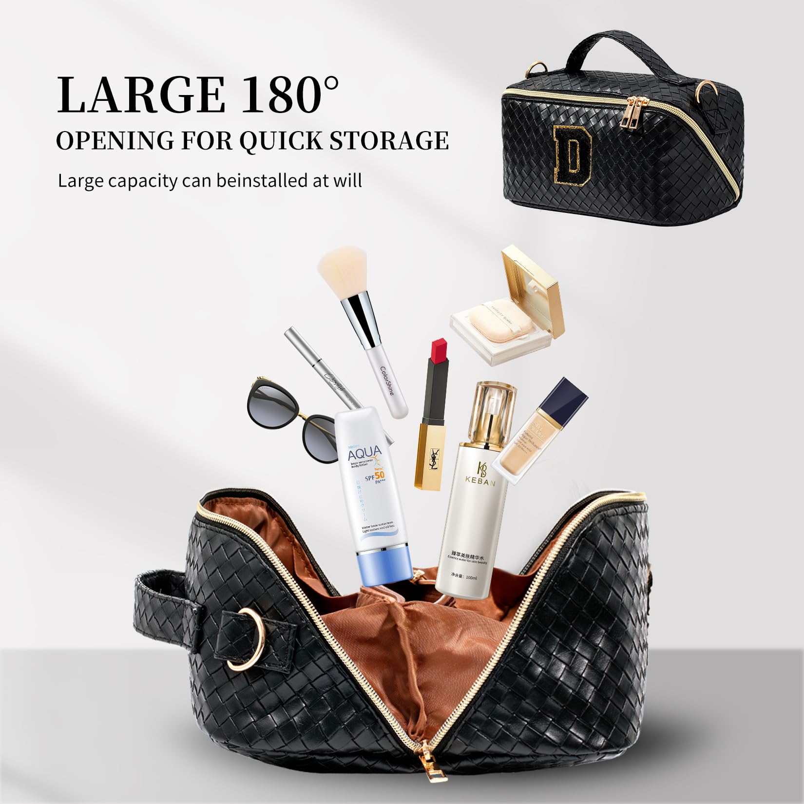 Large Capacity Travel Cosmetic Bag with Shoulder Strap - Leather Makeup Organizer with Multiple Compartments | Portable Makeup Toiletry Bag for Women | Perfect for Travel, Gym, and Daily Use