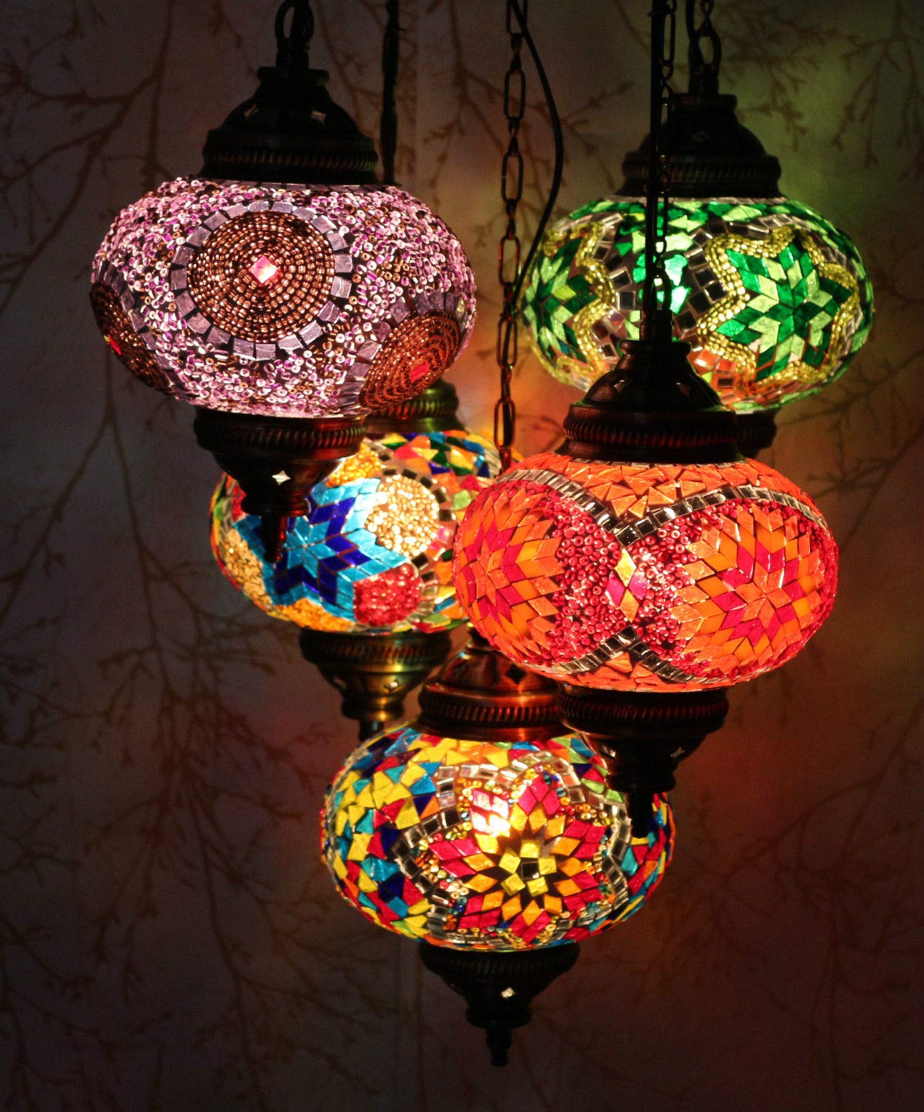 Handmade Turkish Moroccan Mosaic Lamp - Multicolor Hanging Ceiling Light with 5 Glass Pieces for Bedroom, Living Room & Dining Room Decor