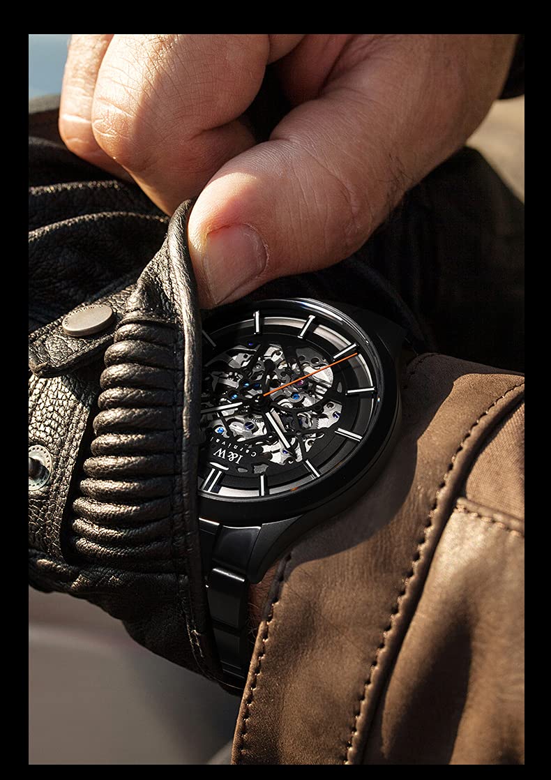LOREO Men's Automatic Watch - Luminous Skeleton Dial, Black Stainless Steel, Synthetic Sapphire, Waterproof Military Casual Sports Watch for Everyday Wear & Outdoor Activities