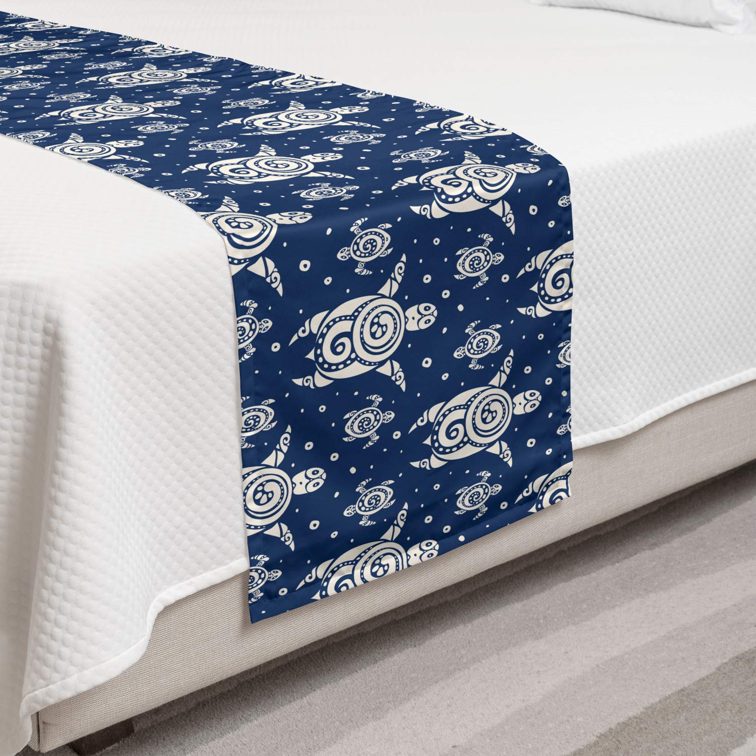 Ambesonne Turtle Bed Runner - Abstract Caretta Caretta Design with Tiny Bubbles, Decorative Bed Scarf for Queen King Beds - Night Blue & Ivory - Perfect for Hotels, Homes, Guest Rooms & Coastal Themed Bedrooms
